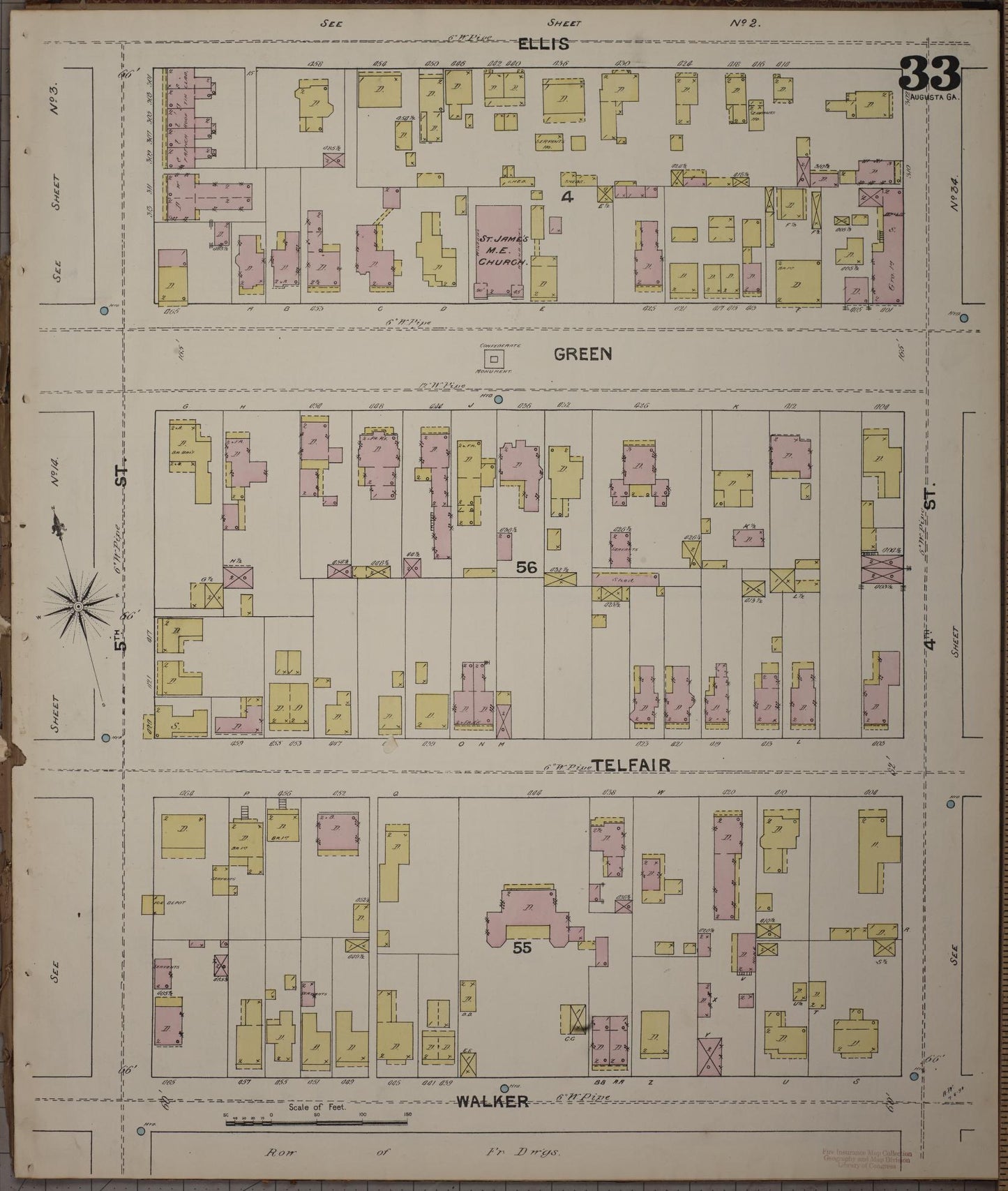 Sanborn Fire Insurance Map from Augusta, Richmond County, Georgia (1890), Sheet #0033 - Historic Sanborn Fire Insurance Map Print, vintage old map wall art, antique decor, genealogy gift, Georgia Georgia map