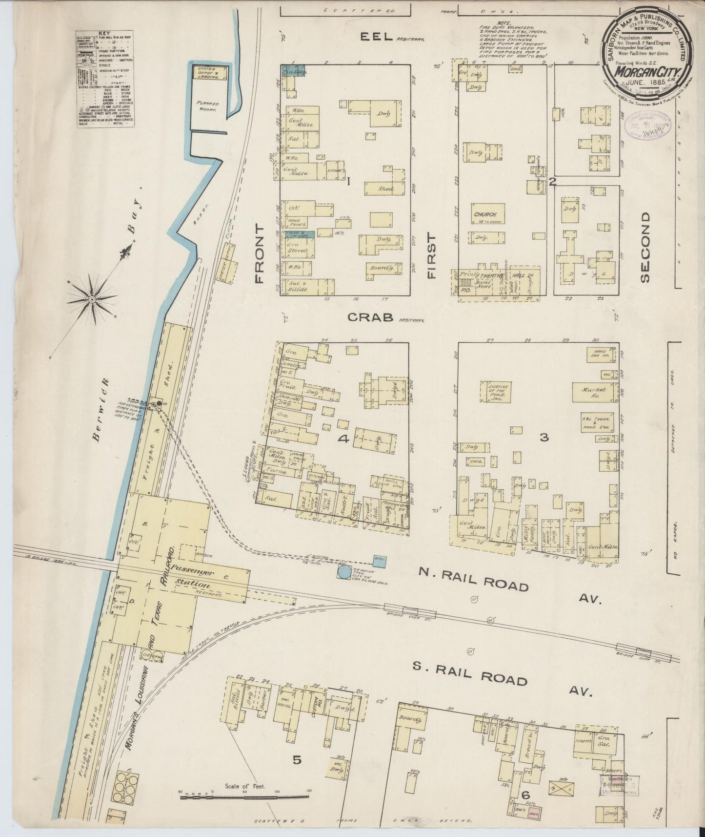 Sanborn Fire Insurance Map from Morgan City, Saint Mary Parish, Louisiana (1885), Sheet #0001 - Historic Sanborn Fire Insurance Map Print, vintage old map wall art, antique decor, genealogy gift, Louisiana Louisiana map