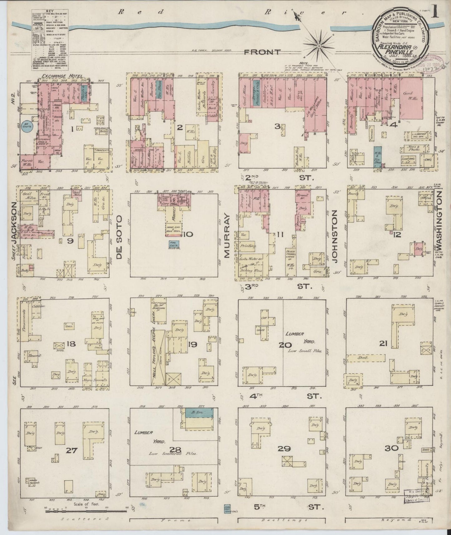 Sanborn Fire Insurance Map from Alexandria, Rapides Parish, Louisiana (1885), Sheet #0001 - Historic Sanborn Fire Insurance Map Print, vintage old map wall art, antique decor, genealogy gift, Louisiana Louisiana map