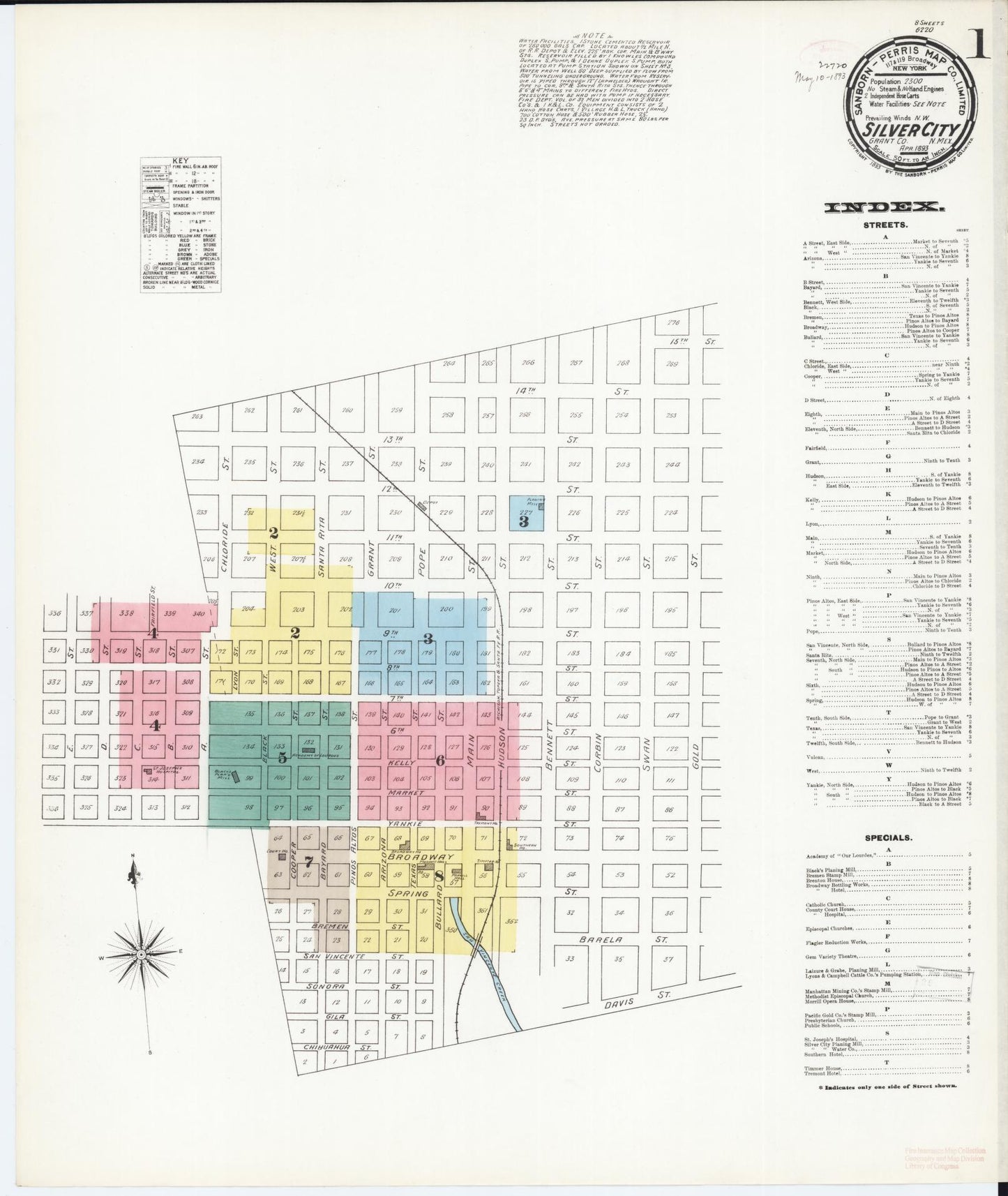 Sanborn Fire Insurance Map from Silver City, Grant County, New Mexico (1893), Sheet #0001 - Historic Sanborn Fire Insurance Map Print, vintage old map wall art, antique decor, genealogy gift, New Mexico New Mexico map