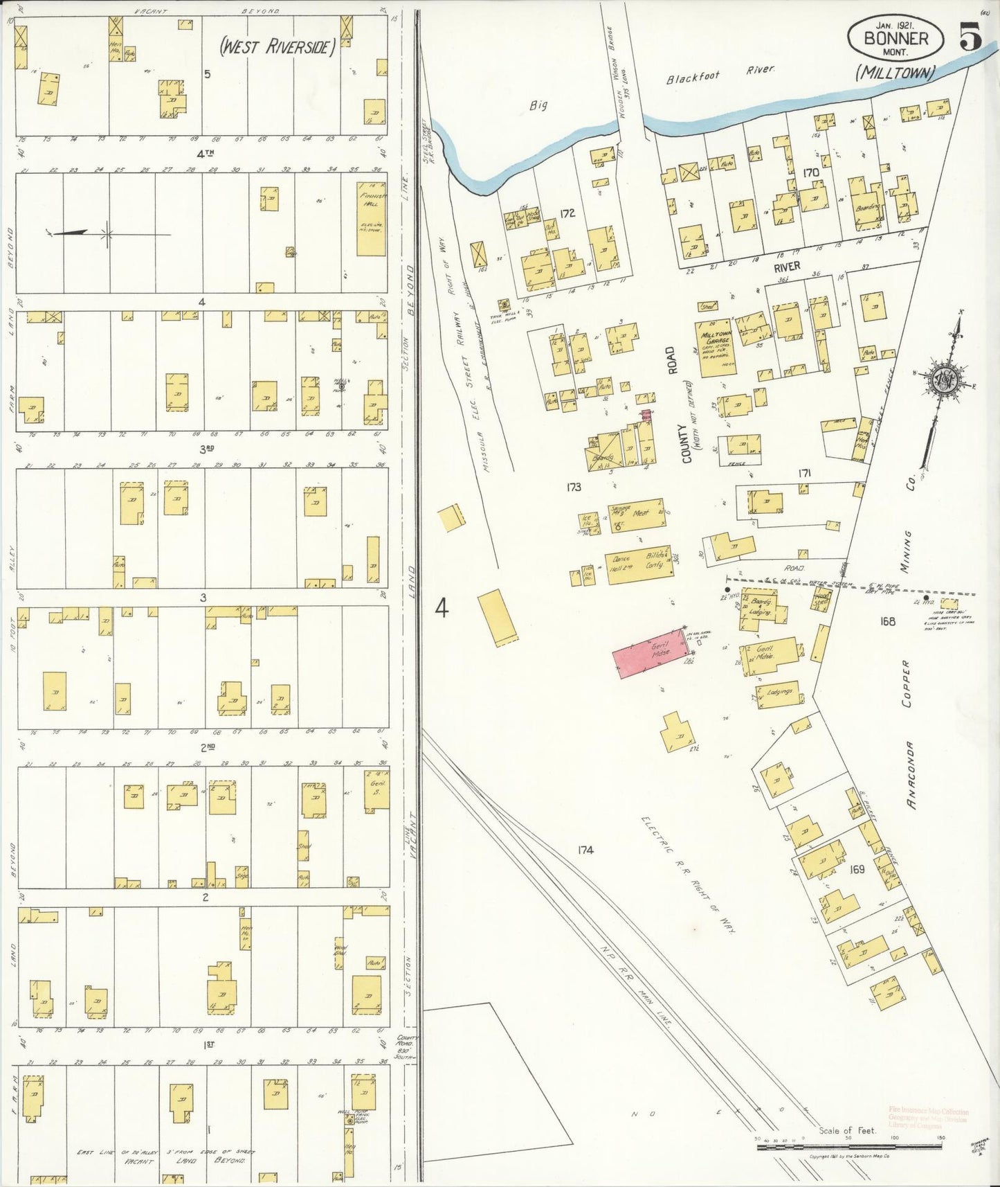 Sanborn Fire Insurance Map from Bonner, Missoula County, Montana (1921), Sheet #0005 - Historic Sanborn Fire Insurance Map Print, vintage old map wall art, antique decor, genealogy gift, Montana Montana map