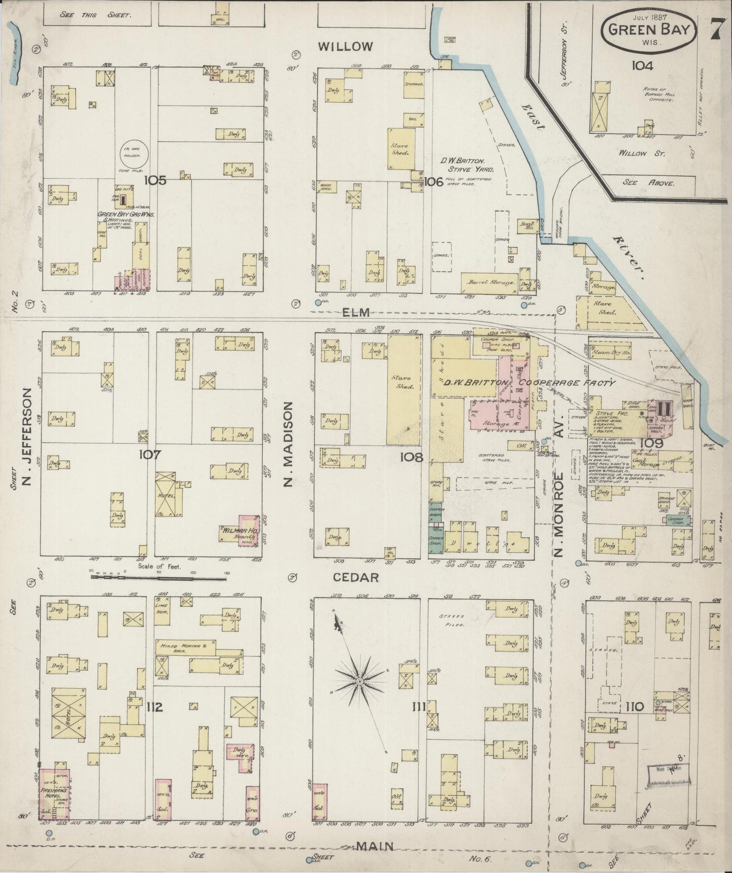 Sanborn Fire Insurance Map from Green Bay, Brown County, Wisconsin (1887), Sheet #0007 - Historic Sanborn Fire Insurance Map Print, vintage old map wall art, antique decor, genealogy gift, Wisconsin Wisconsin map