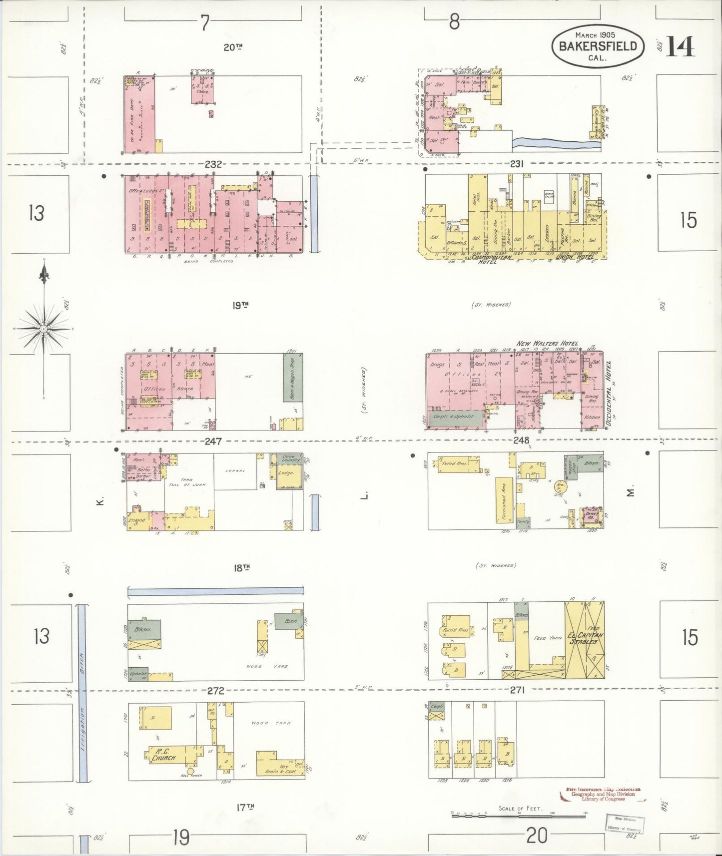 Sanborn Fire Insurance Map from Bakersfield, Kern County, California (1905), Sheet #0014 - Historic Sanborn Fire Insurance Map Print, vintage old map wall art, antique decor, genealogy gift, California California map