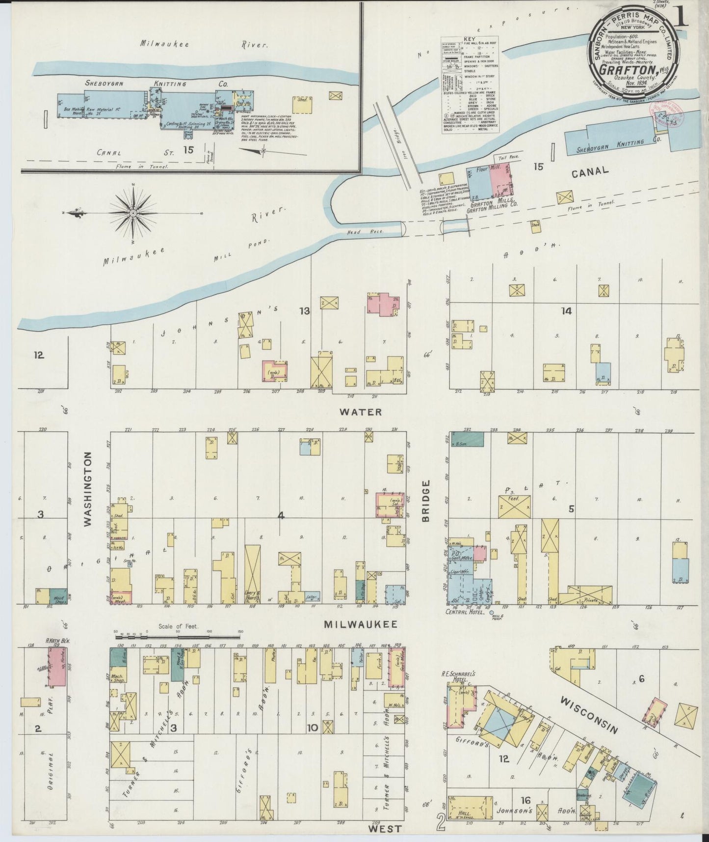 Sanborn Fire Insurance Map from Grafton, Ozankee County, Wisconsin (1894), Sheet #0001 - Historic Sanborn Fire Insurance Map Print, vintage old map wall art, antique decor, genealogy gift, Wisconsin Wisconsin map