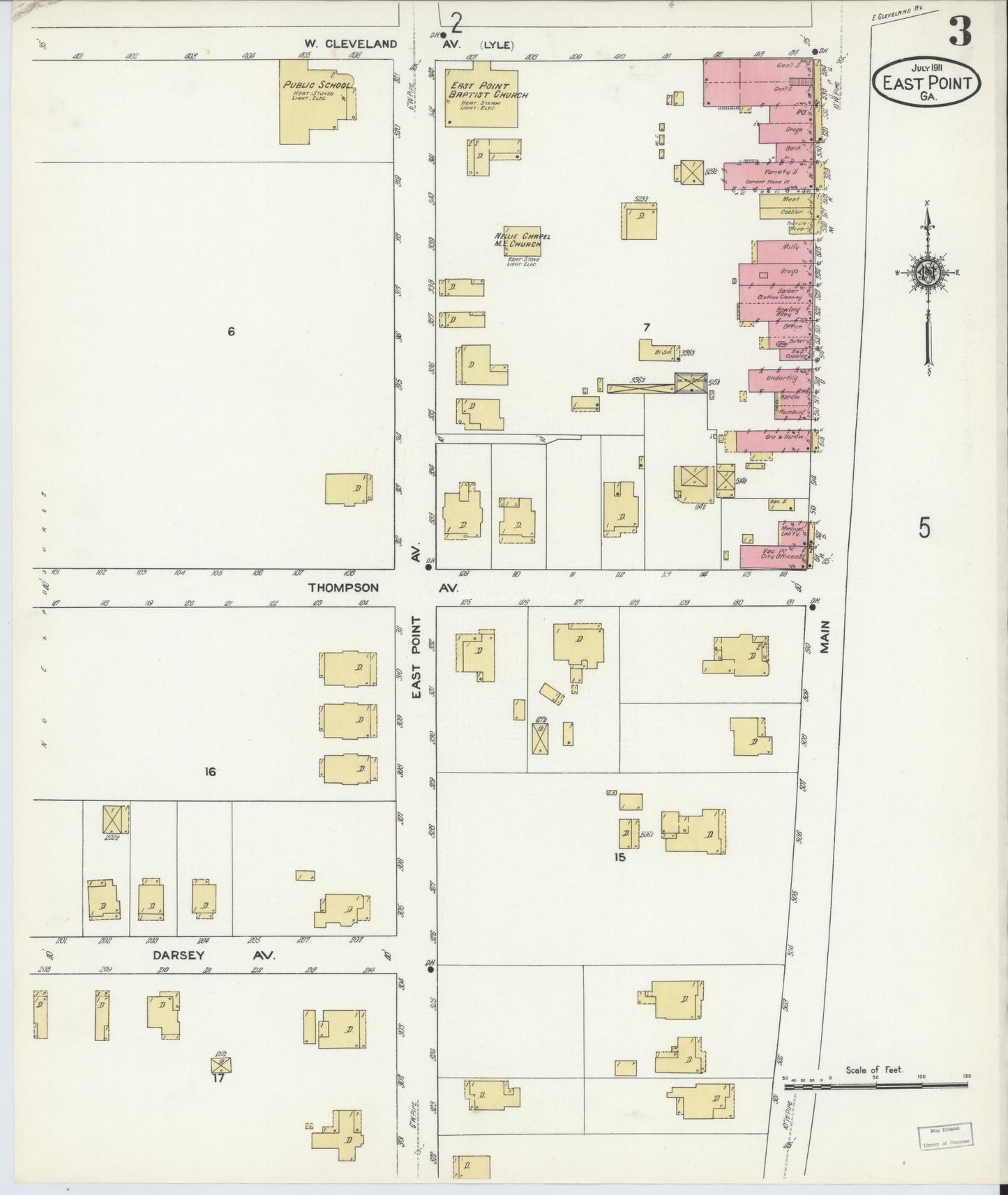 Sanborn Fire Insurance Map from East Point, Fulton County, Georgia (1911), Sheet #0003 - Historic Sanborn Fire Insurance Map Print, vintage old map wall art, antique decor, genealogy gift, Georgia Georgia map