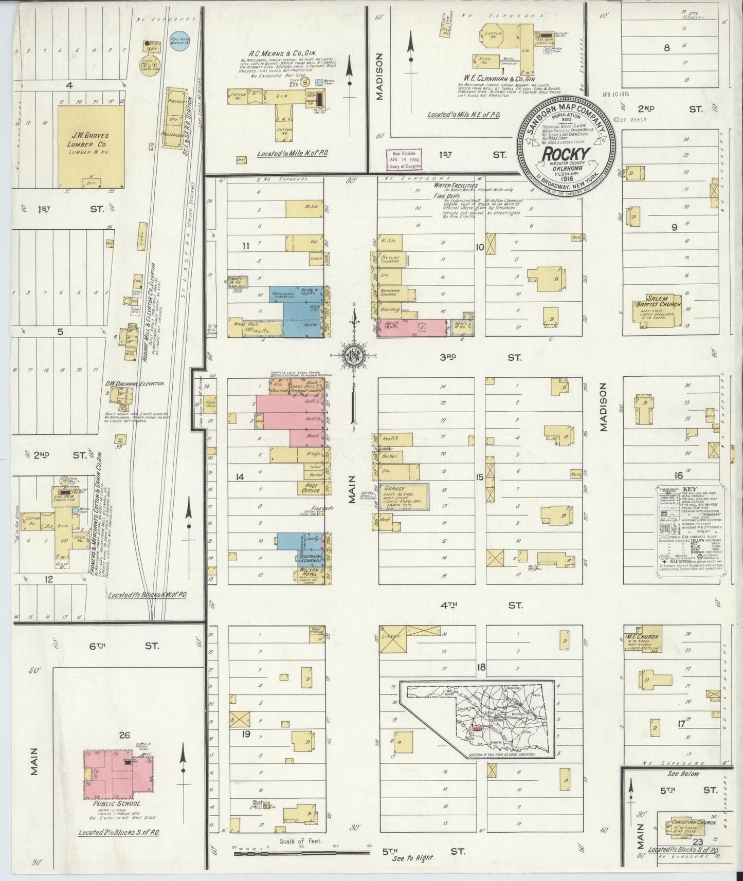 Sanborn Fire Insurance Map from Rocky, Washita County, Oklahoma (1916), Sheet #0001 - Historic Sanborn Fire Insurance Map Print, vintage old map wall art, antique decor, genealogy gift, Oklahoma Oklahoma map