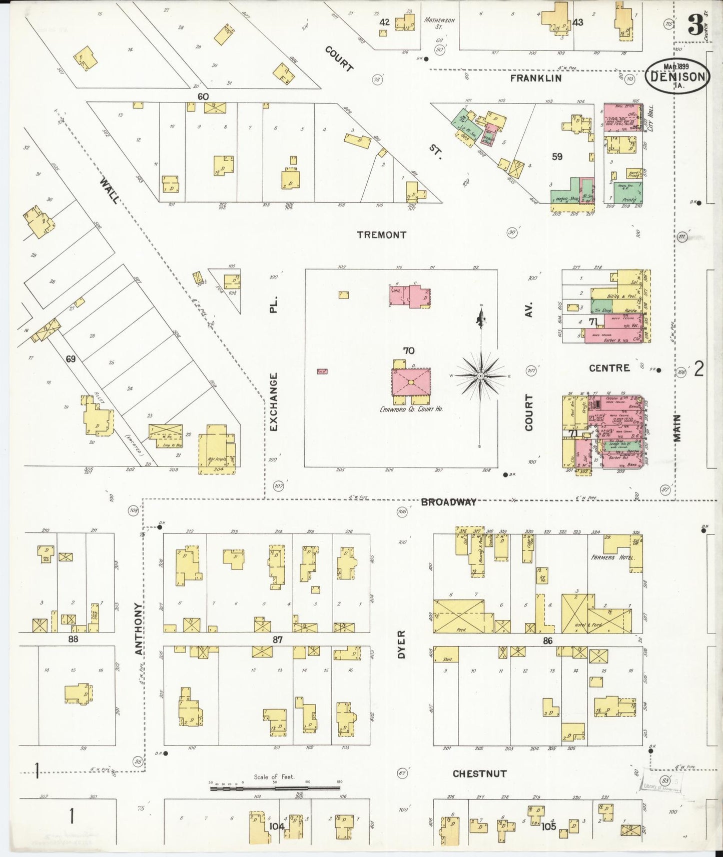 Sanborn Fire Insurance Map from Denison, Crawford County, Iowa (1899), Sheet #0003 - Historic Sanborn Fire Insurance Map Print, vintage old map wall art