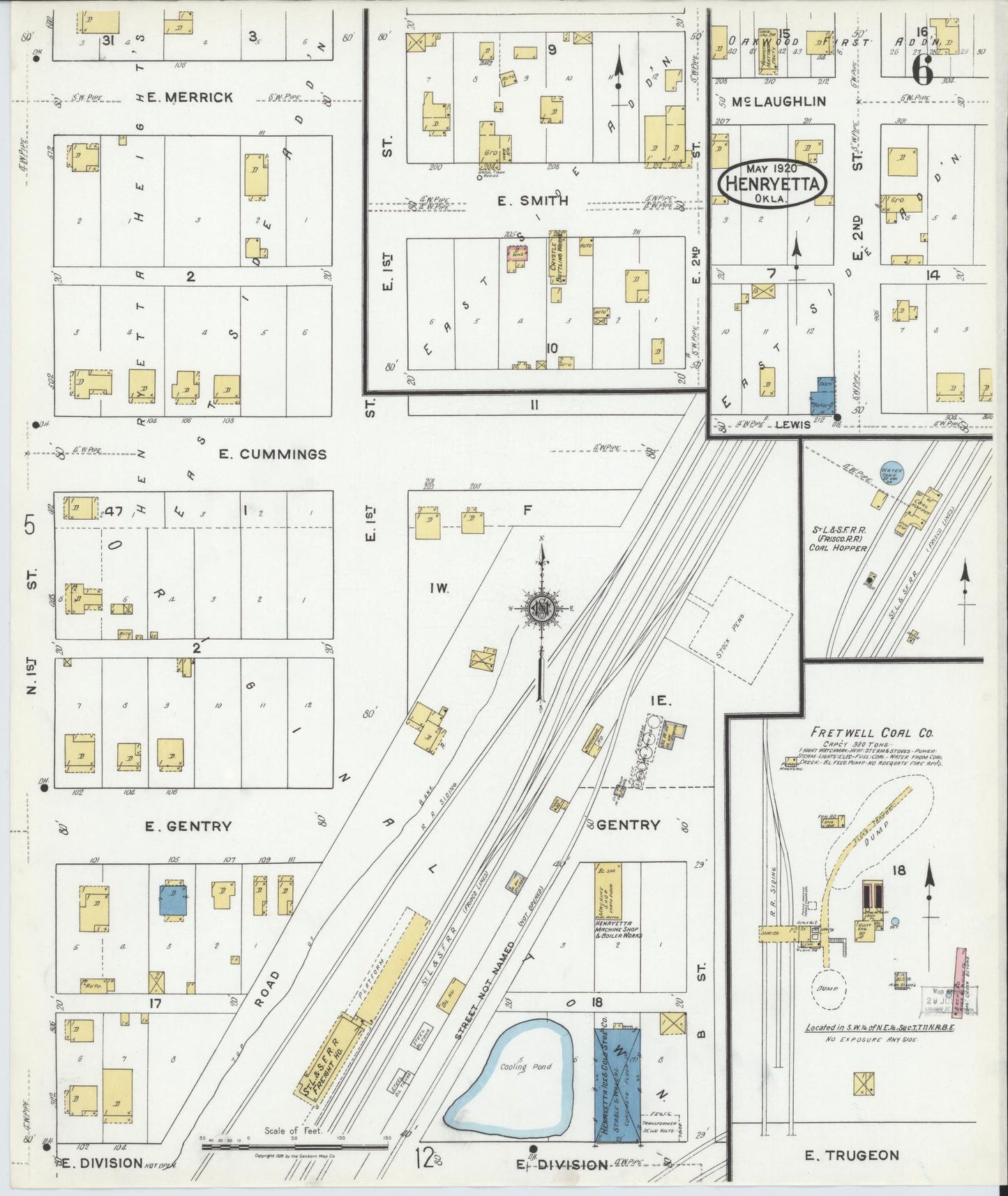 Sanborn Fire Insurance Map from Henryetta, Okmulgee County, Oklahoma (1920), Sheet #0006 - Historic Sanborn Fire Insurance Map Print, vintage old map wall art, antique decor, genealogy gift, Oklahoma Oklahoma map