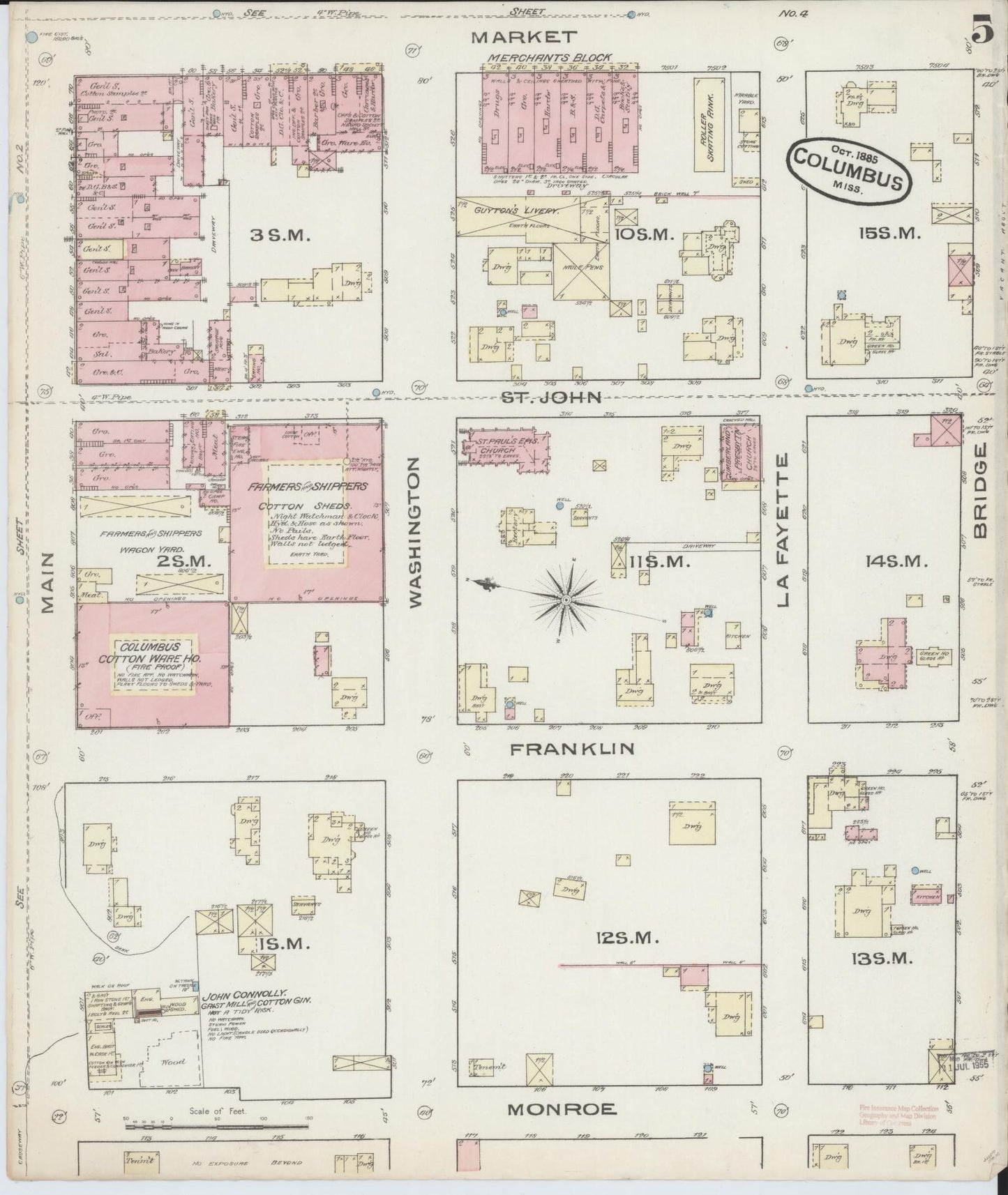 Sanborn Fire Insurance Map from Columbus, Lowndes County, Mississippi (1885), Sheet #0005 - Historic Sanborn Fire Insurance Map Print, vintage old map wall art, antique decor, genealogy gift, Mississippi Mississippi map