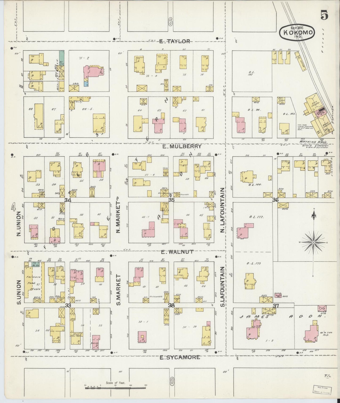 Sanborn Fire Insurance Map from Kokomo, Howard County, Indiana (1892), Sheet #0005 - Complete Map Set gallery image, historic Sanborn map, vintage wall art, Indiana Indiana