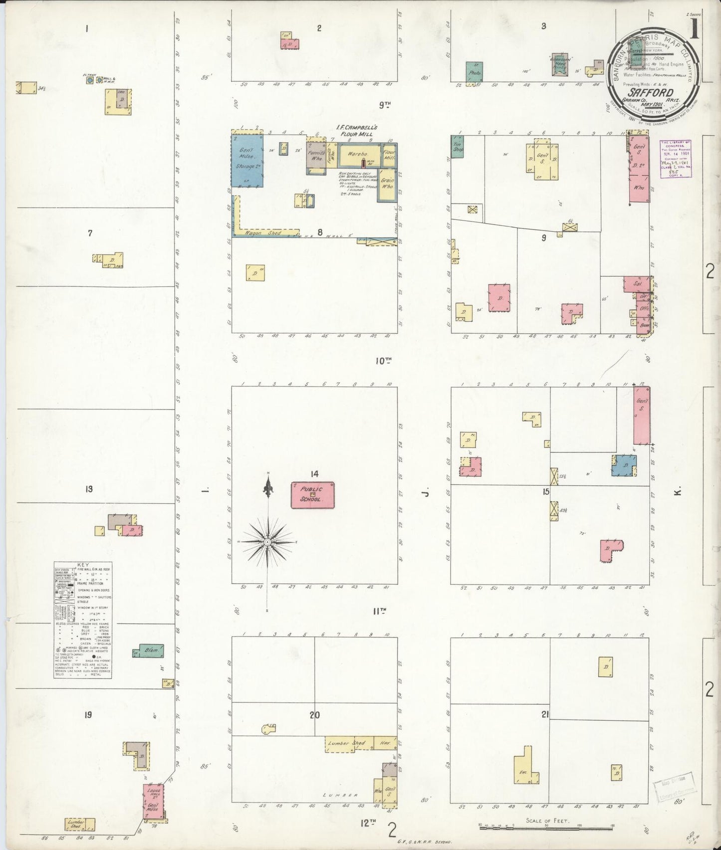 Sanborn Fire Insurance Map from Safford, Graham County, Arizona (1901), Sheet #0001 - Historic Sanborn Fire Insurance Map Print, vintage old map wall art, antique decor, genealogy gift, Arizona Arizona map