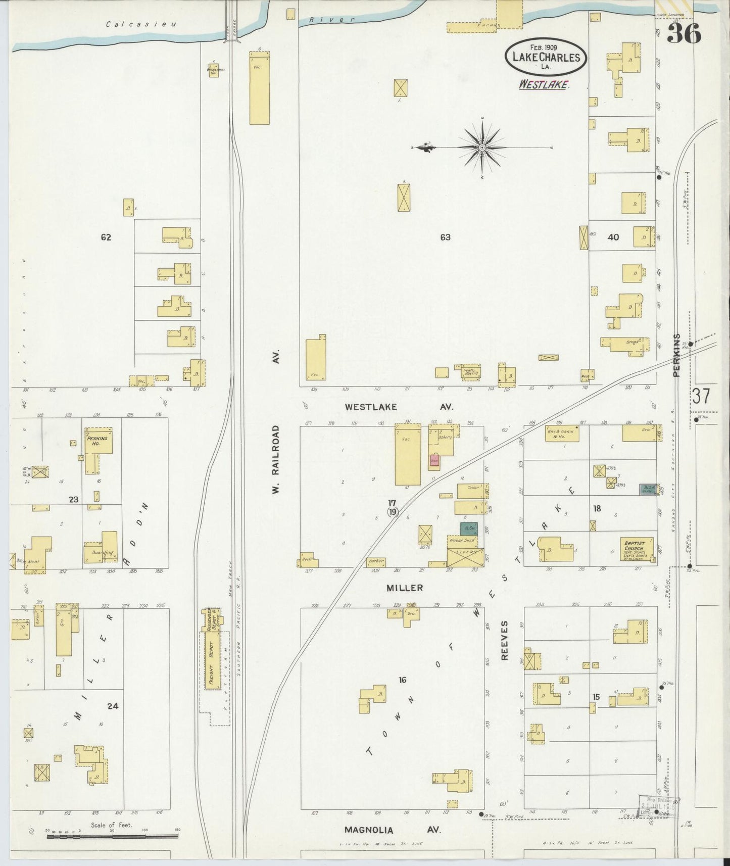 Sanborn Fire Insurance Map from Lake Charles, Calcasieu Parish, Louisiana (1909), Sheet #0036 - Historic Sanborn Fire Insurance Map Print, vintage old map wall art, antique decor, genealogy gift, Louisiana Louisiana map