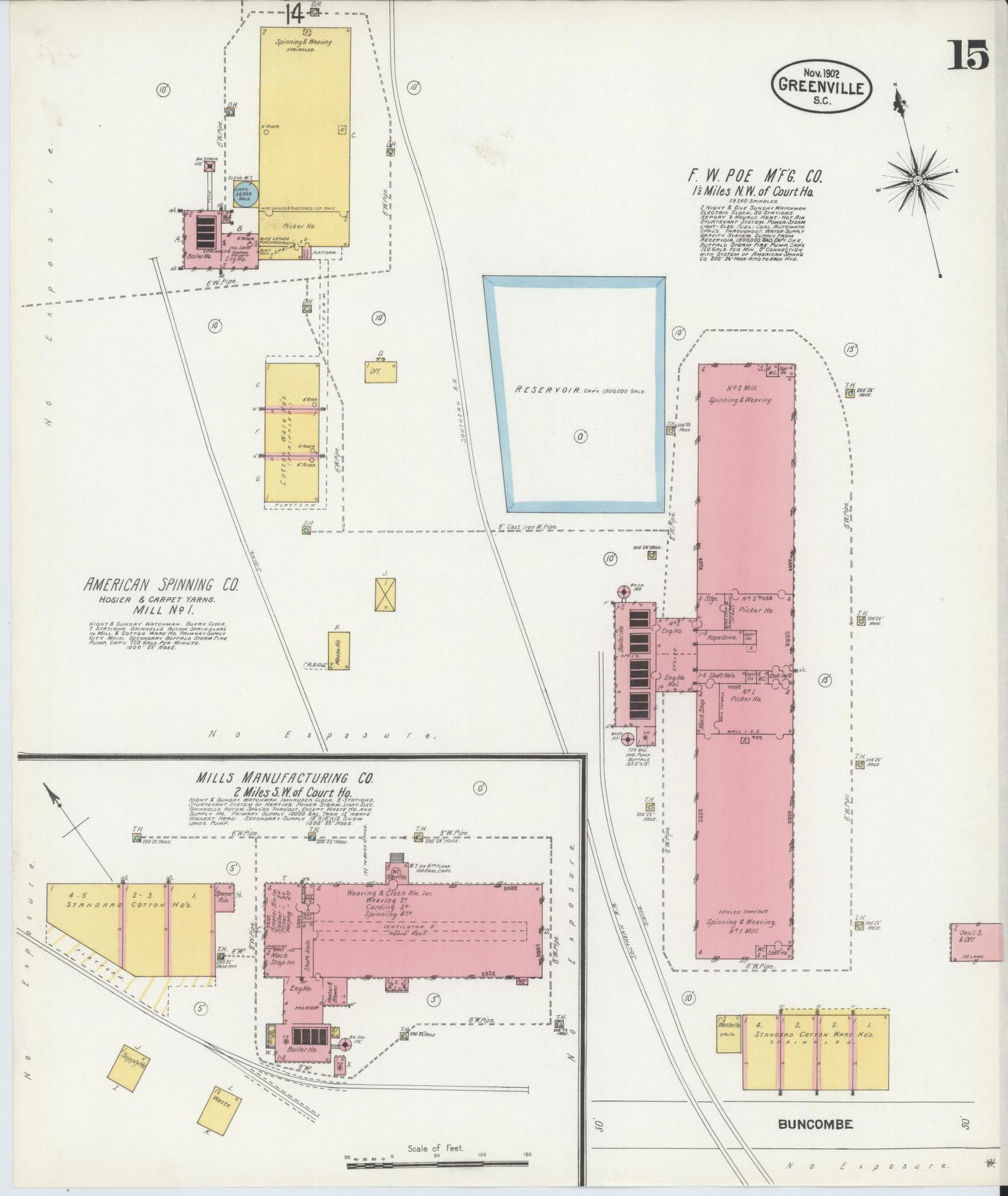 Sanborn Fire Insurance Map from Greenville, Greenville County, South Carolina (1902), Sheet #0015 - Historic Sanborn Fire Insurance Map Print, vintage old map wall art, antique decor, genealogy gift, South Carolina South Carolina map