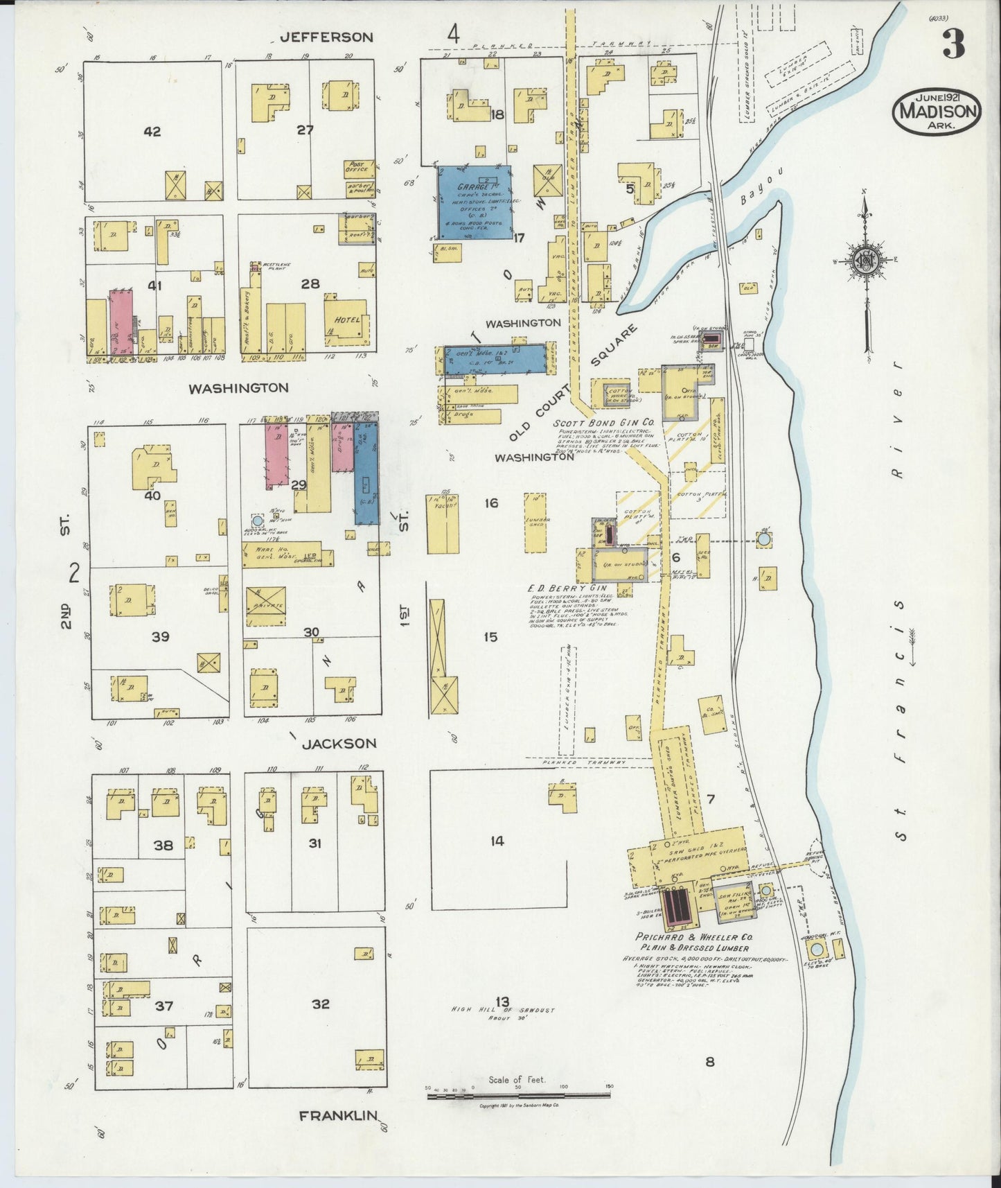 Sanborn Fire Insurance Map from Madison, Saint Francis County, Arkansas (1921), Sheet #0003 - Historic Sanborn Fire Insurance Map Print, vintage old map wall art, antique decor, genealogy gift, Arkansas Arkansas map