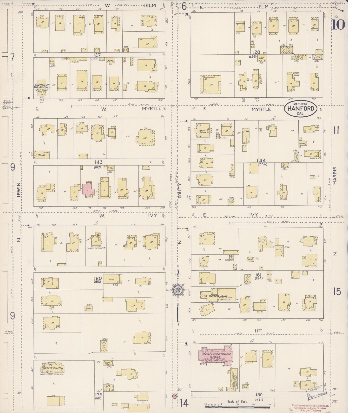 Sanborn Fire Insurance Map from Hanford, Kings County, California (1913), Sheet #0010 - Historic Sanborn Fire Insurance Map Print, vintage old map wall art, antique decor, genealogy gift, California California map