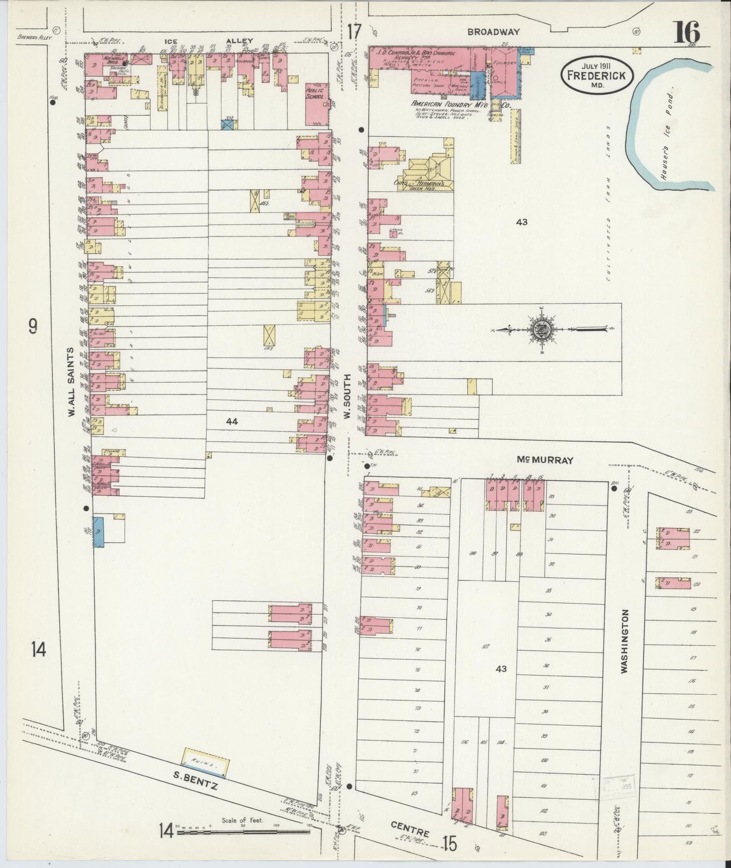 Sanborn Fire Insurance Map from Frederick, Frederick County, Maryland (1911), Sheet #0016 - Historic Sanborn Fire Insurance Map Print, vintage old map wall art