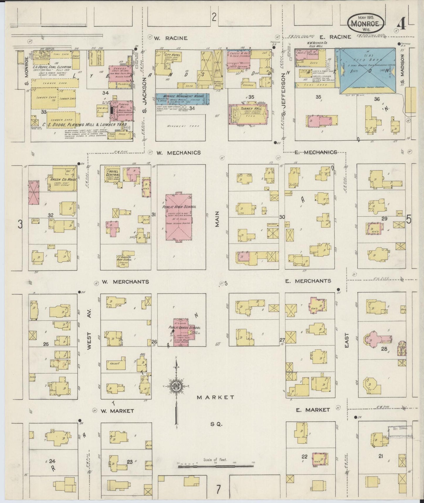 Sanborn Fire Insurance Map from Monroe, Green County, Wisconsin (1915), Sheet #0004 - Historic Sanborn Fire Insurance Map Print, vintage old map wall art, antique decor, genealogy gift, Wisconsin Wisconsin map