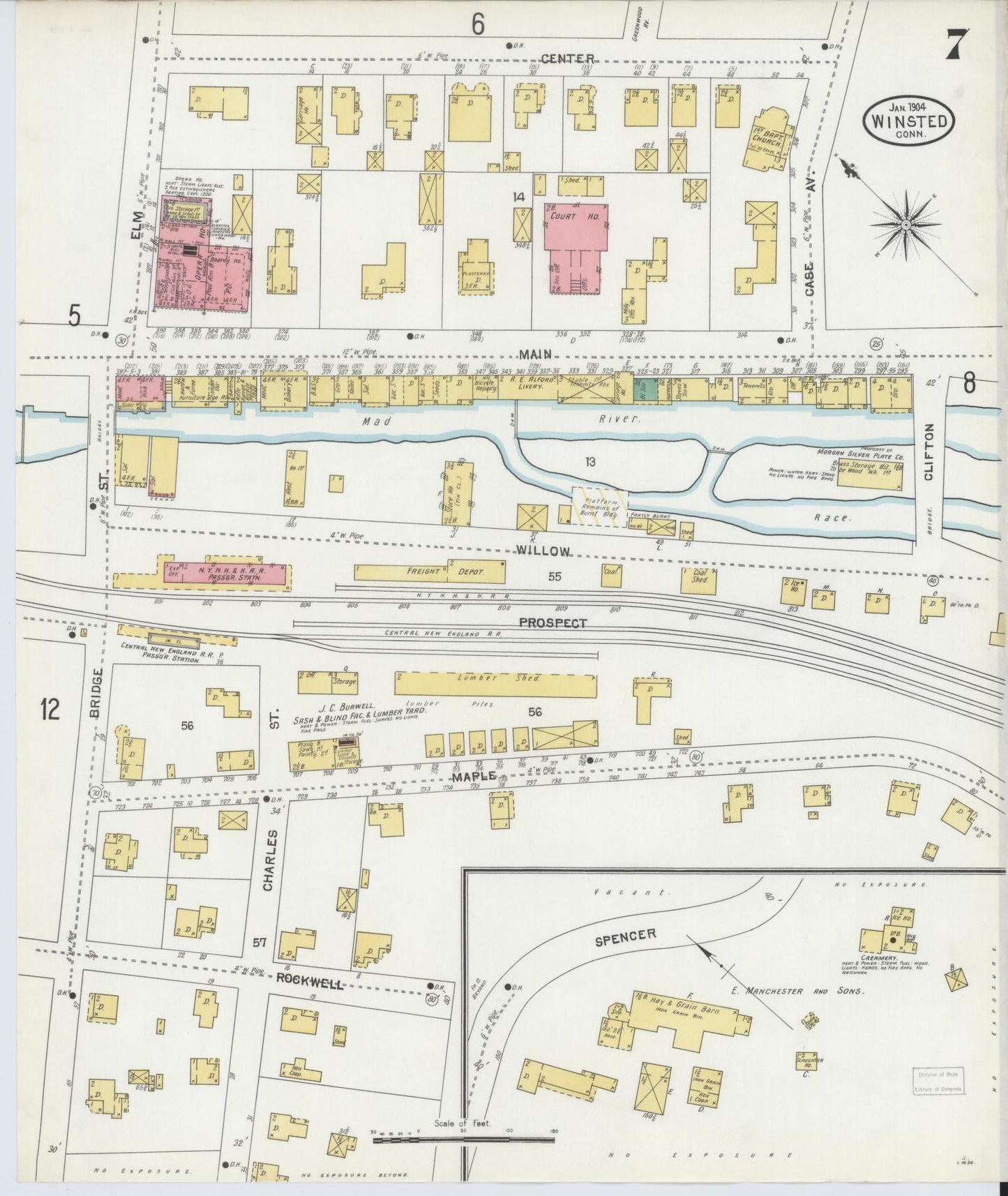 Sanborn Fire Insurance Map from Winsted, Litchfield County, Connecticut (1904), Sheet #0007 - Historic Sanborn Fire Insurance Map Print, vintage old map wall art, antique decor, genealogy gift, Connecticut Connecticut map
