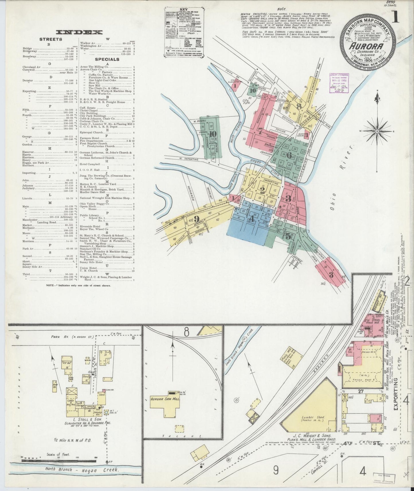 Sanborn Fire Insurance Map from Aurora, Dearborn County, Indiana (1906), Sheet #0001 - Historic Sanborn Fire Insurance Map Print, vintage old map wall art, antique decor, genealogy gift, Indiana Indiana map