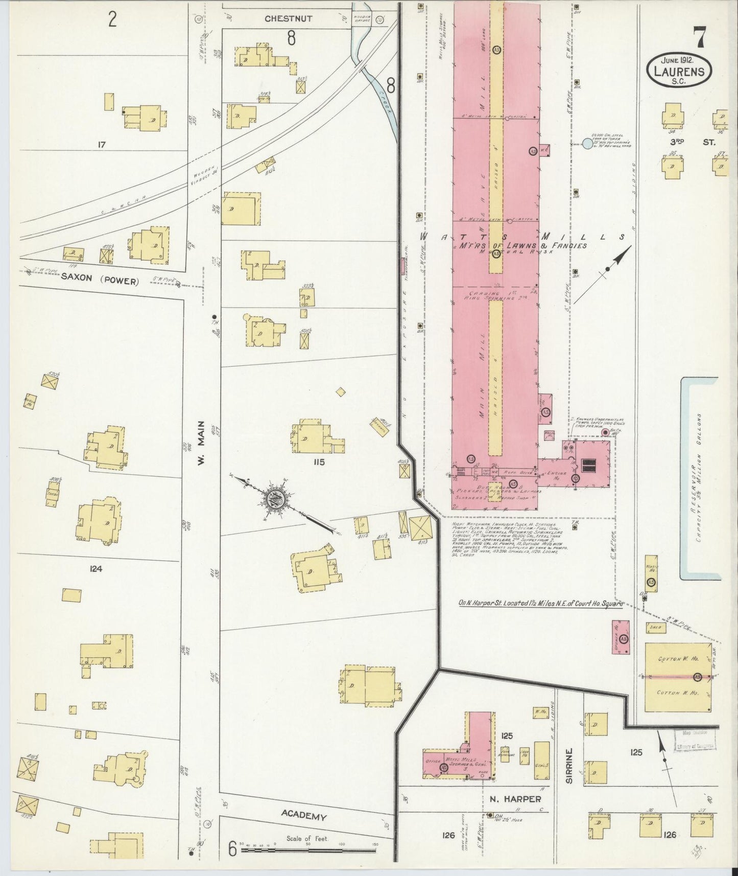 Sanborn Fire Insurance Map from Laurens, Laurens County, South Carolina (1912), Sheet #0007 - Historic Sanborn Fire Insurance Map Print, vintage old map wall art, antique decor, genealogy gift, South Carolina South Carolina map