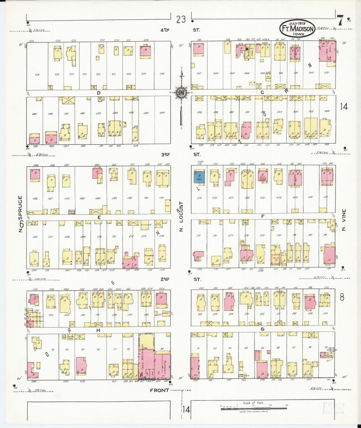 Sanborn Fire Insurance Map from Fort Madison, Lee County, Iowa (1919), Sheet #0007 - Historic Sanborn Fire Insurance Map Print, vintage old map wall art