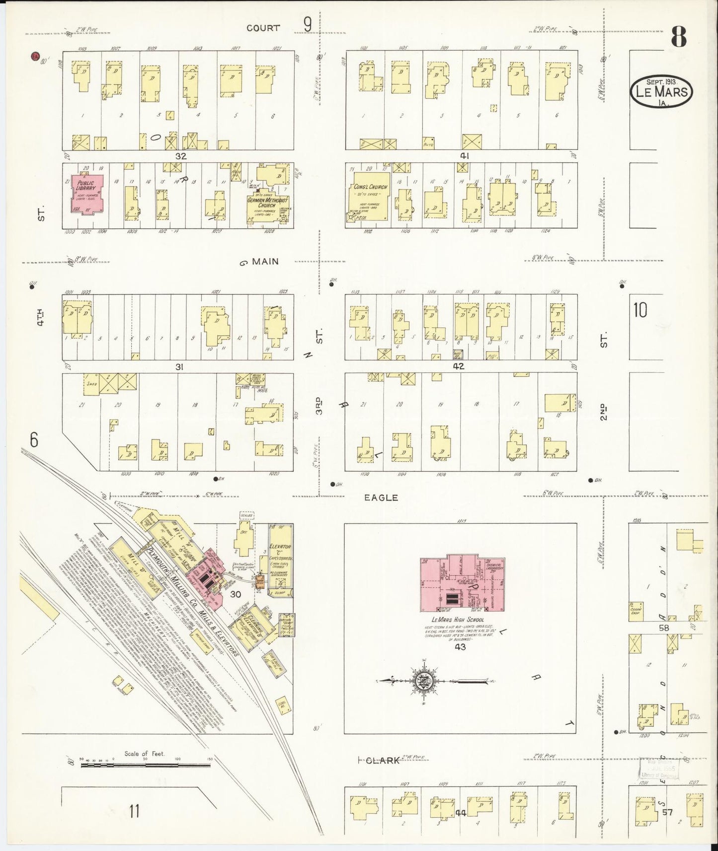 Sanborn Fire Insurance Map from Le Mars, Plymouth County, Iowa (1913), Sheet #0008 - Historic Sanborn Fire Insurance Map Print, vintage old map wall art