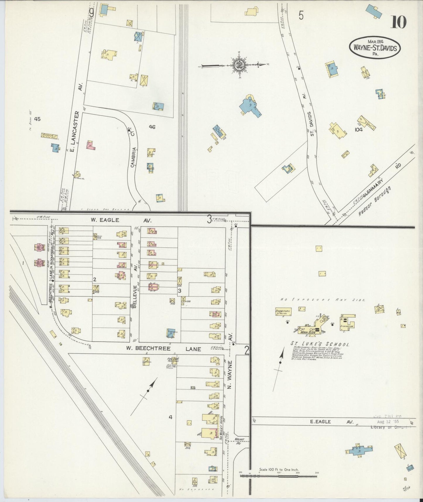 Sanborn Fire Insurance Map from Wayne, Delaware County, Pennsylvania (1914), Sheet #0010 - Historic Sanborn Fire Insurance Map Print, vintage old map wall art, antique decor, genealogy gift, Wayne Delaware map