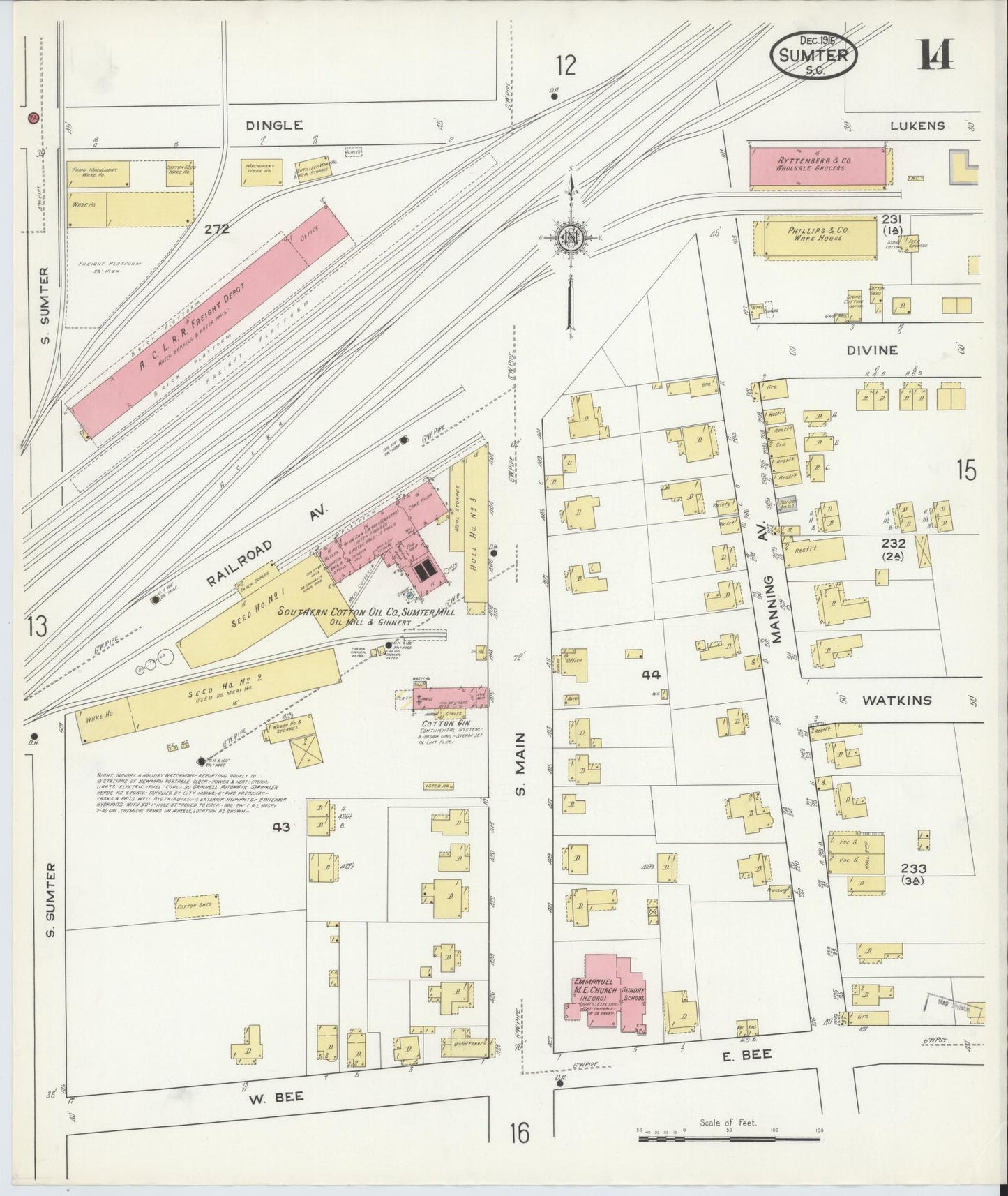 Sanborn Fire Insurance Map from Sumter, Sumter County, South Carolina (1915), Sheet #0014 - Historic Sanborn Fire Insurance Map Print, vintage old map wall art, antique decor, genealogy gift, South Carolina South Carolina map