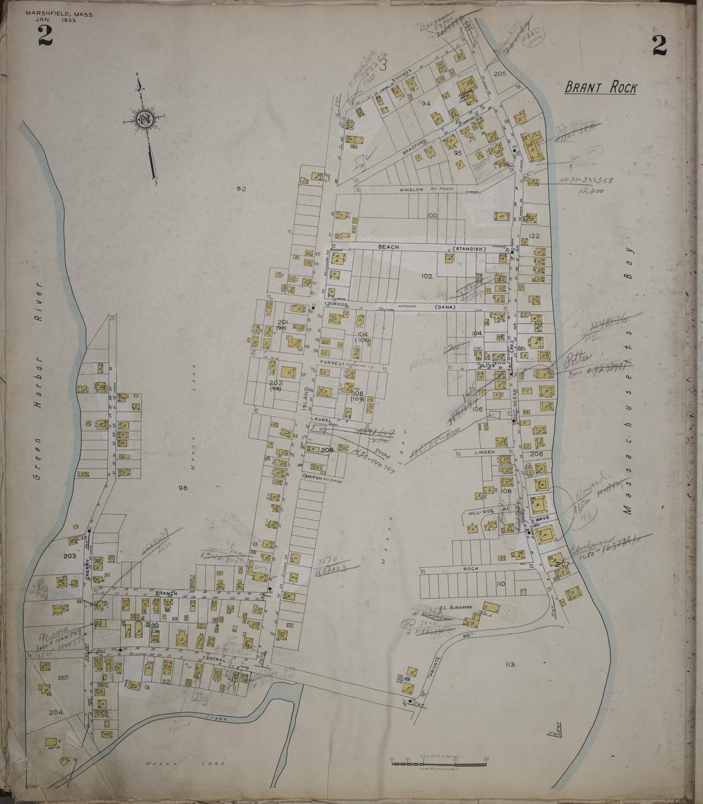 Sanborn Fire Insurance Map from Marshfield, Plymouth County, Massachusetts (1950), Sheet #0002 - Historic Sanborn Fire Insurance Map Print, vintage old map wall art, antique decor, genealogy gift, Massachusetts Massachusetts map