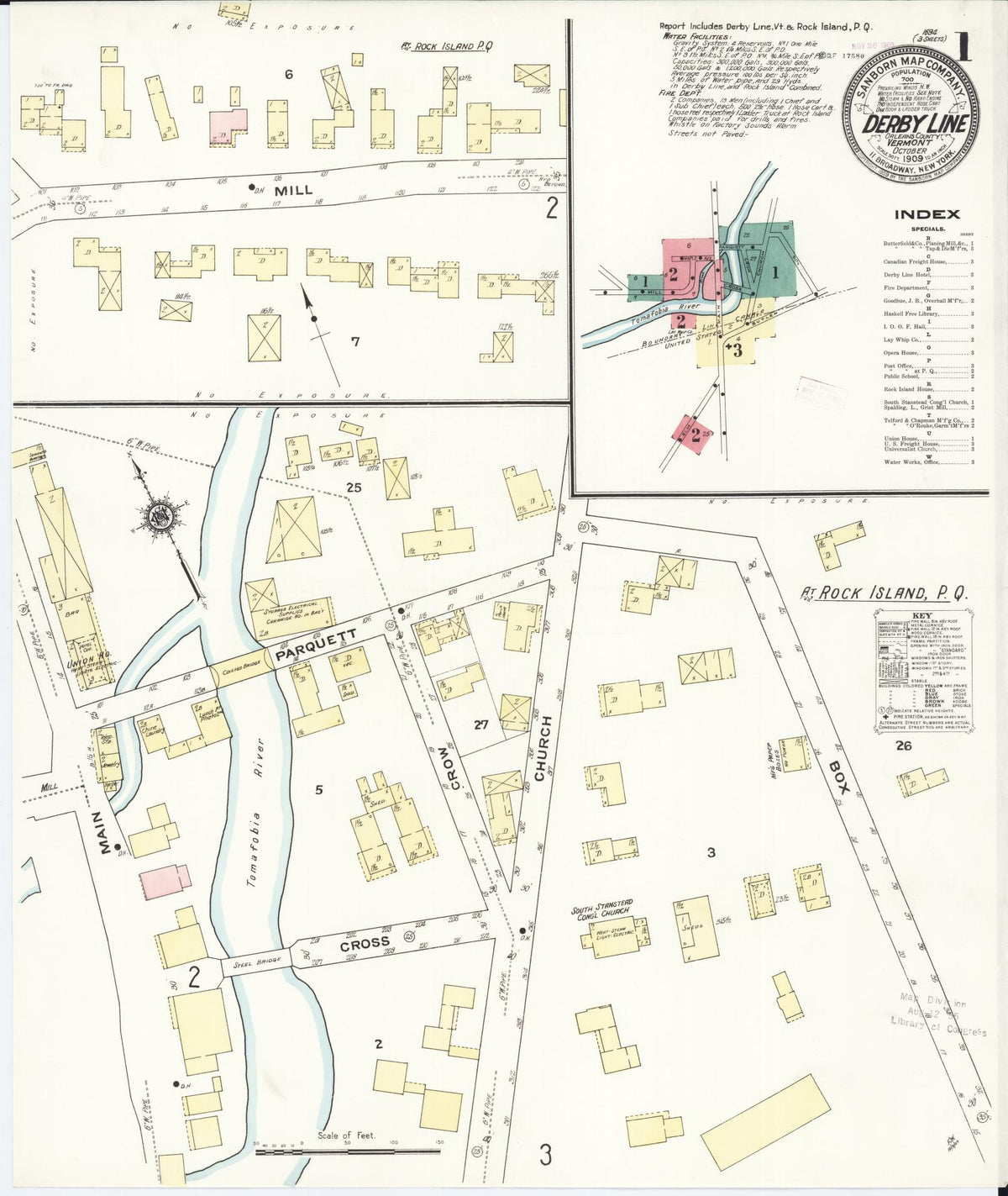 Sanborn Fire Insurance Map from Derby Line, Orleans County, Vermont (1909), Sheet #0001 - Historic Sanborn Fire Insurance Map Print, vintage old map wall art, antique decor, genealogy gift, Vermont Vermont map