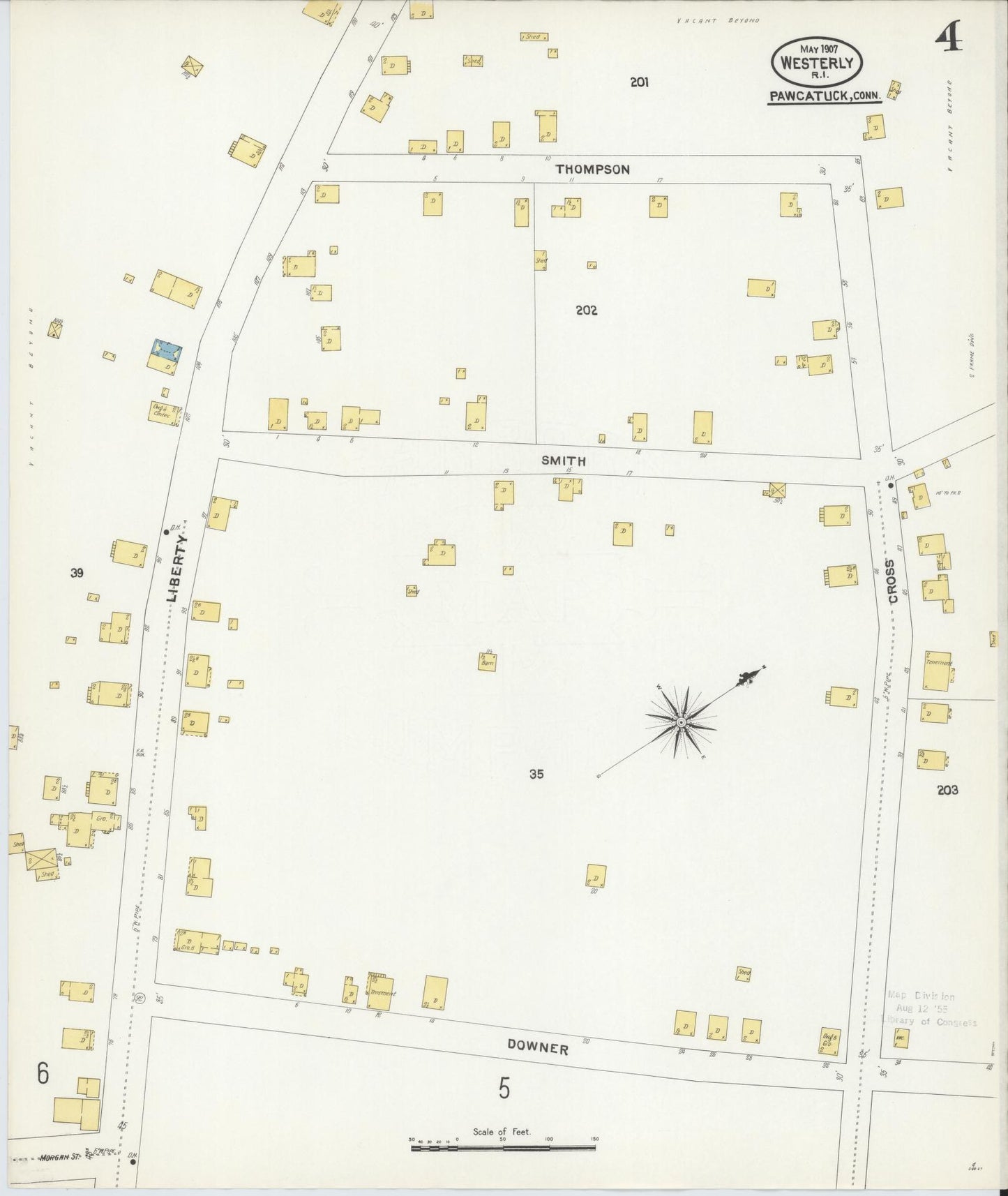 Sanborn Fire Insurance Map from Westerly, Washington County, Rhode Island (1907), Sheet #0004 - Historic Sanborn Fire Insurance Map Print, vintage old map wall art, antique decor, genealogy gift, Rhode Island Rhode Island map