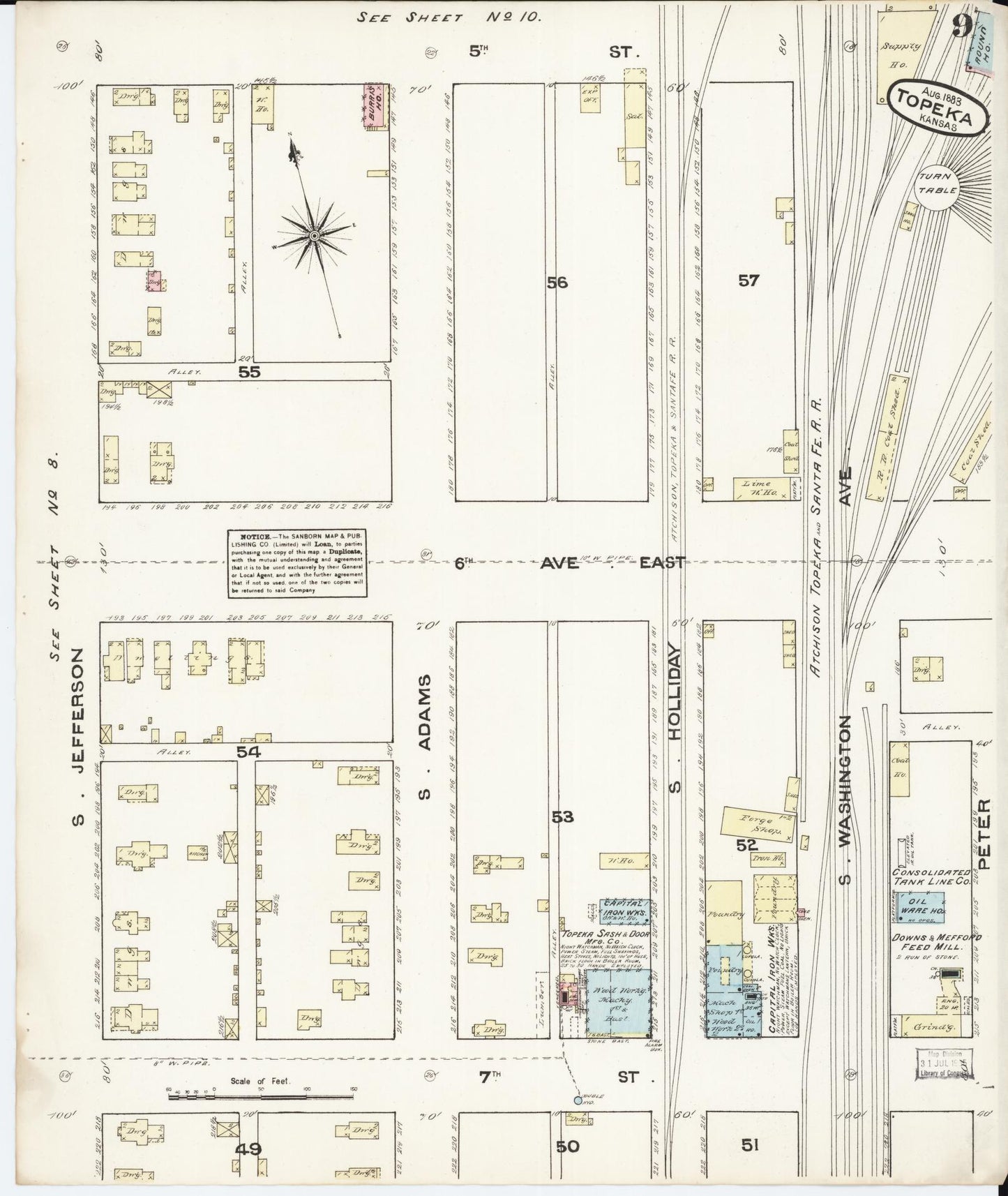 Sanborn Fire Insurance Map from Topeka, Shawnee County, Kansas (1883), Sheet #0009 - Historic Sanborn Fire Insurance Map Print, vintage old map wall art, antique decor, genealogy gift, Kansas Kansas map