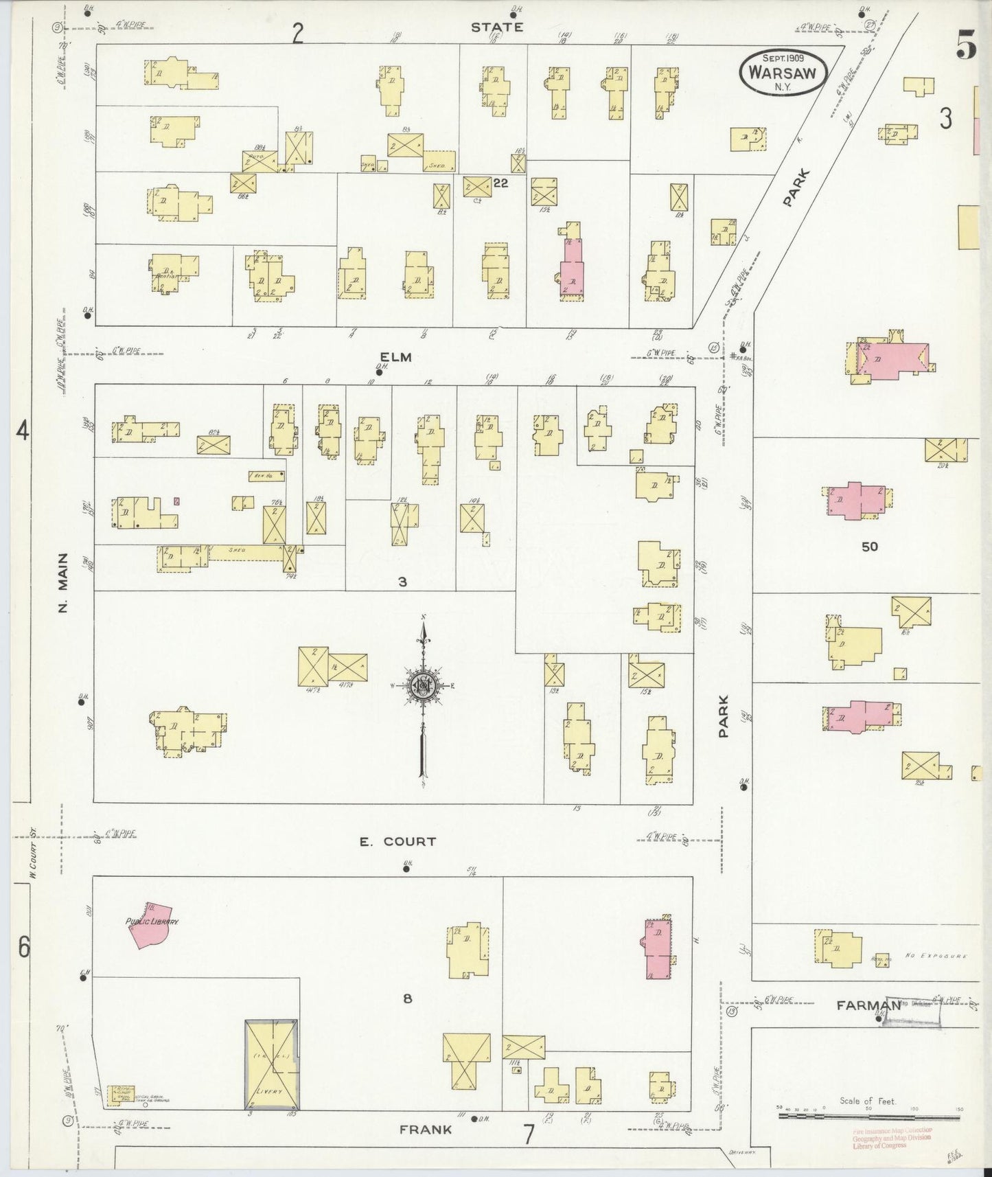 Sanborn Fire Insurance Map from Warsaw, Wyoming County, New York (1909), Sheet #0005 - Historic Sanborn Fire Insurance Map Print, vintage old map wall art, antique decor, genealogy gift, Warsaw Wyoming map