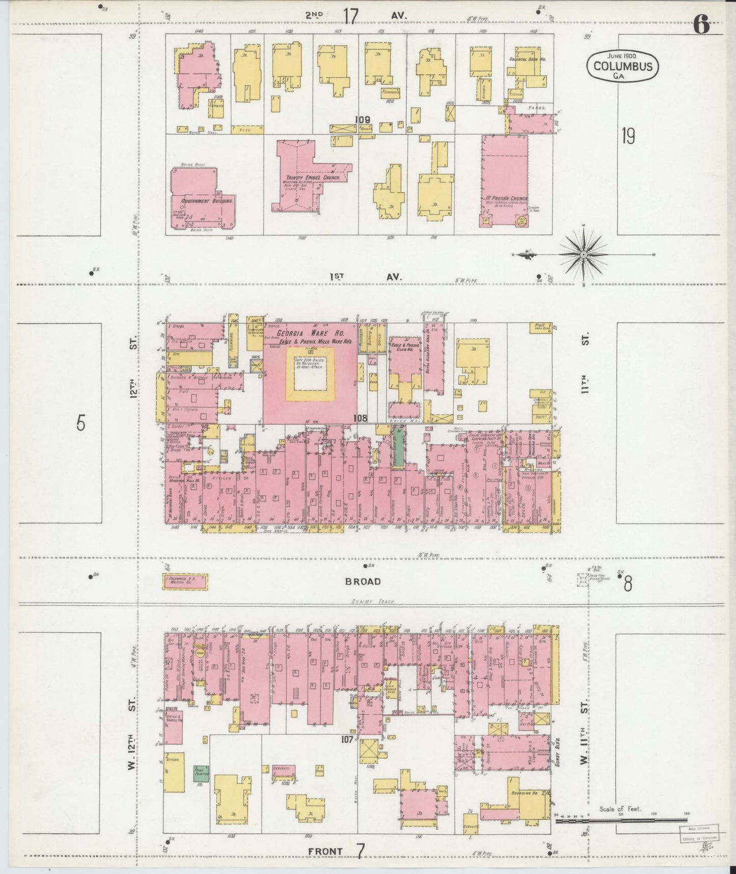 Sanborn Fire Insurance Map from Columbus, Muscogee County, Georgia (1900), Sheet #0006 - Historic Sanborn Fire Insurance Map Print, vintage old map wall art, antique decor, genealogy gift, Georgia Georgia map