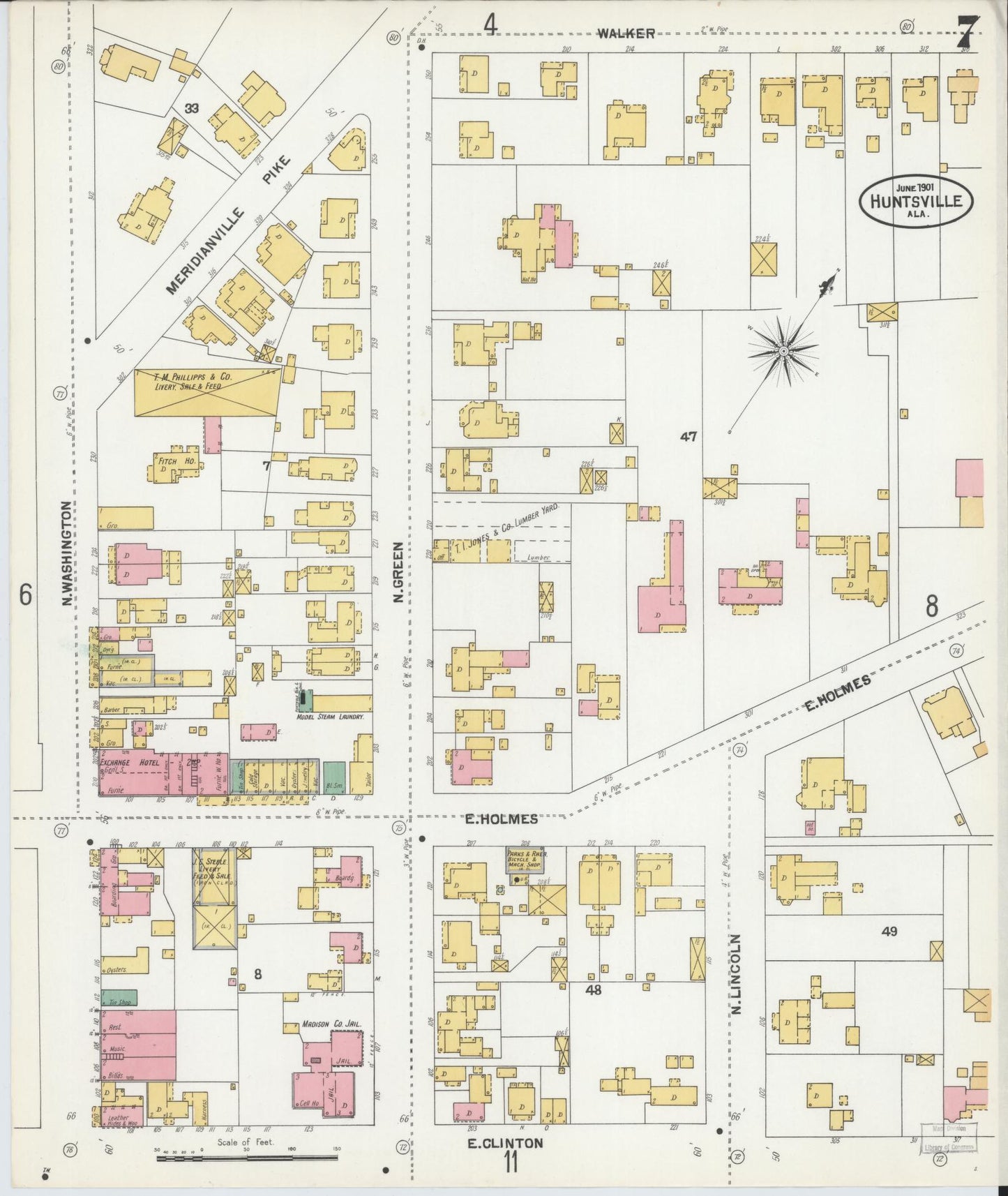 Sanborn Fire Insurance Map from Huntsville, Madison County, Alabama (1901), Sheet #0007 - Historic Sanborn Fire Insurance Map Print, vintage old map wall art, antique decor, genealogy gift, Alabama Alabama map