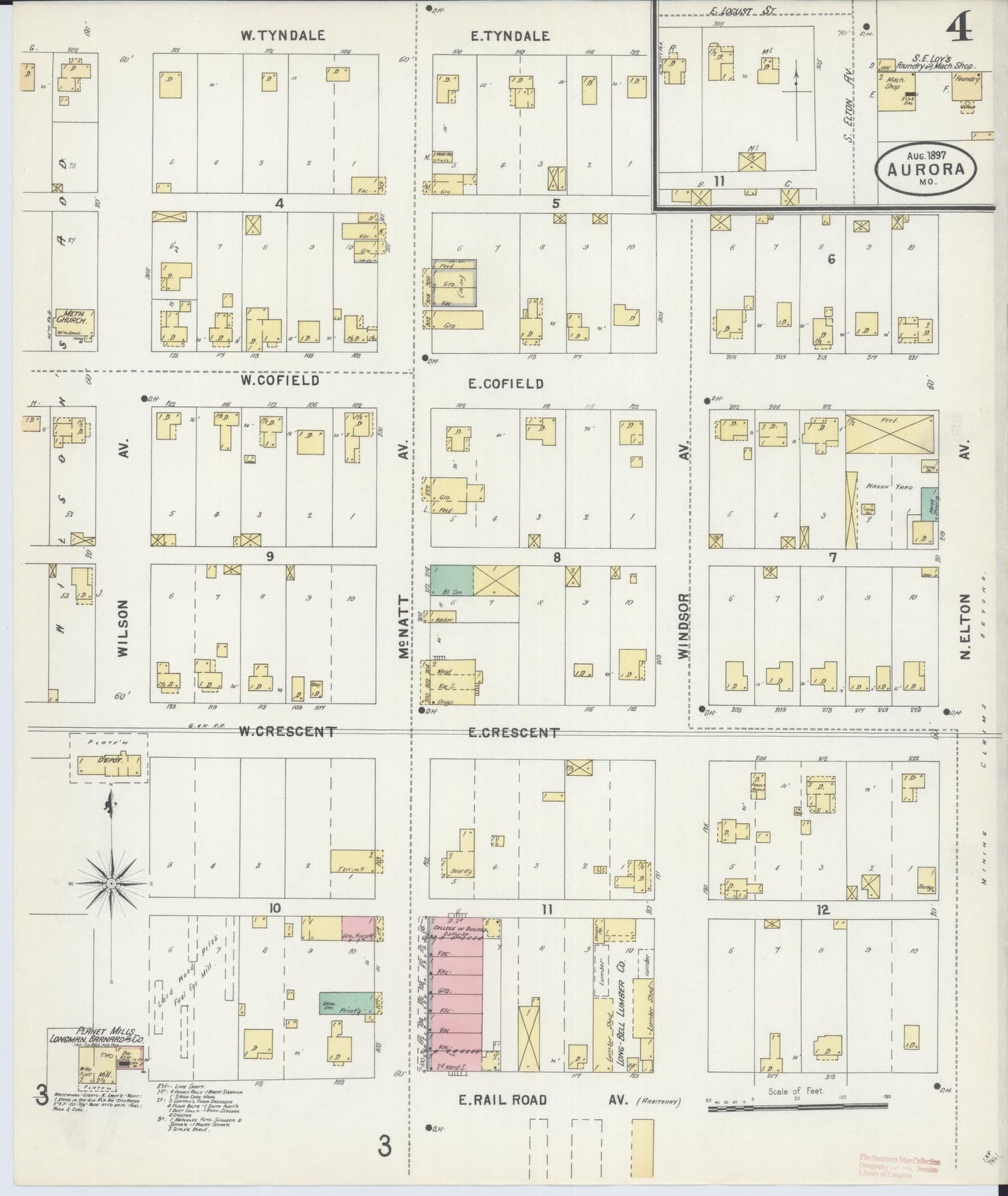 Sanborn Fire Insurance Map from Aurora, Lawrence County, Missouri (1897), Sheet #0004 - Complete Map Set gallery image, historic Sanborn map, vintage wall art, Missouri Missouri