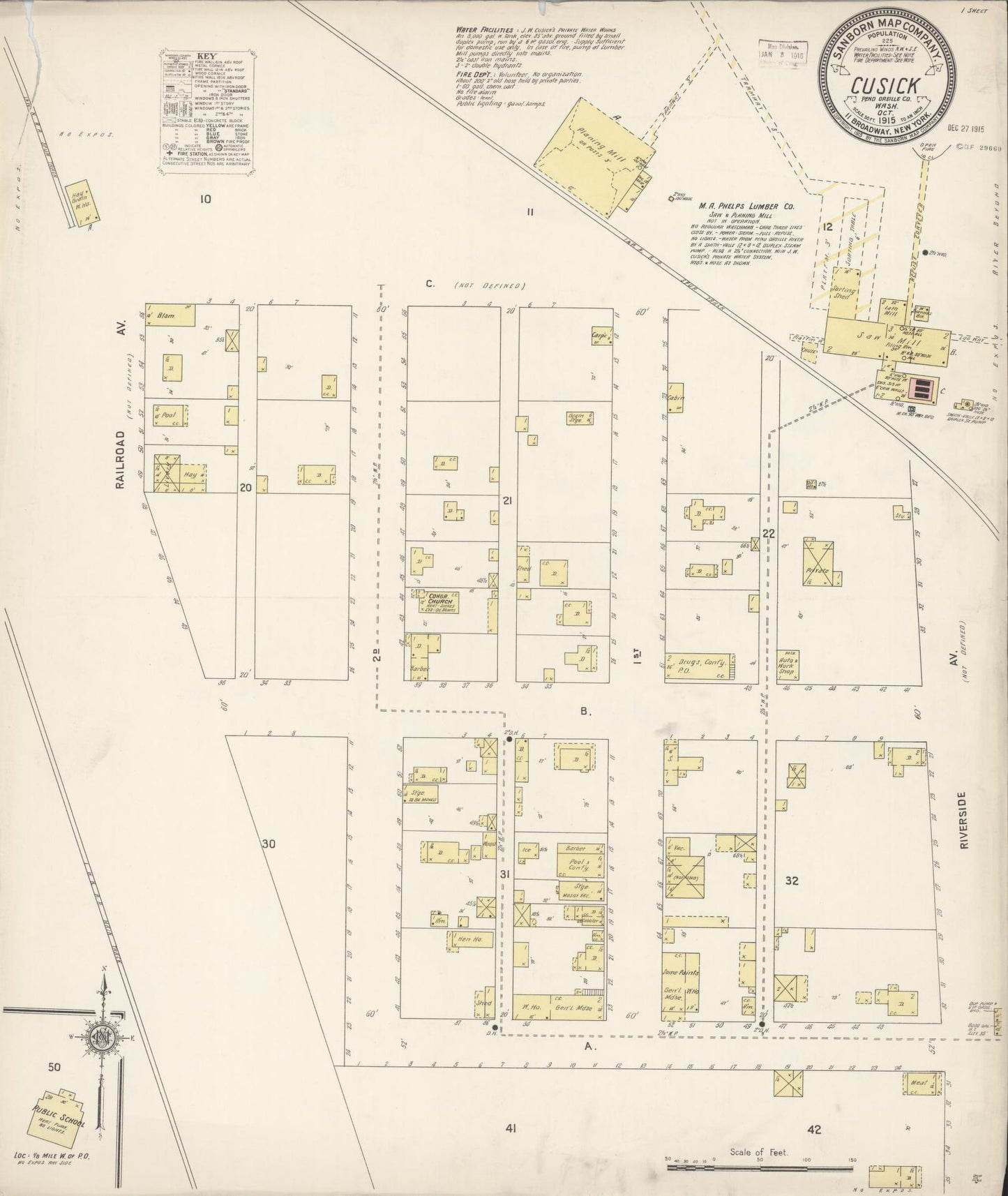 Sanborn Fire Insurance Map from Cusick, Pend Oreille County, Washington (1915), Sheet #0001 - Historic Sanborn Fire Insurance Map Print, vintage old map wall art, antique decor, genealogy gift, Washington Washington map