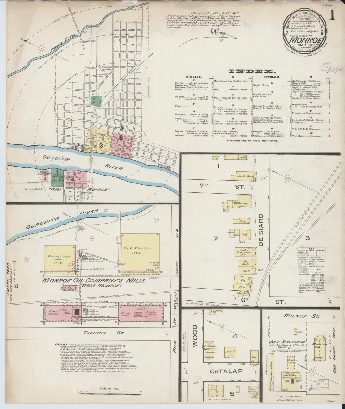 Sanborn Fire Insurance Map from Monroe, Ouachita Parish, Louisiana (1886), Sheet #0001 - Historic Sanborn Fire Insurance Map Print, vintage old map wall art, antique decor, genealogy gift, Louisiana Louisiana map