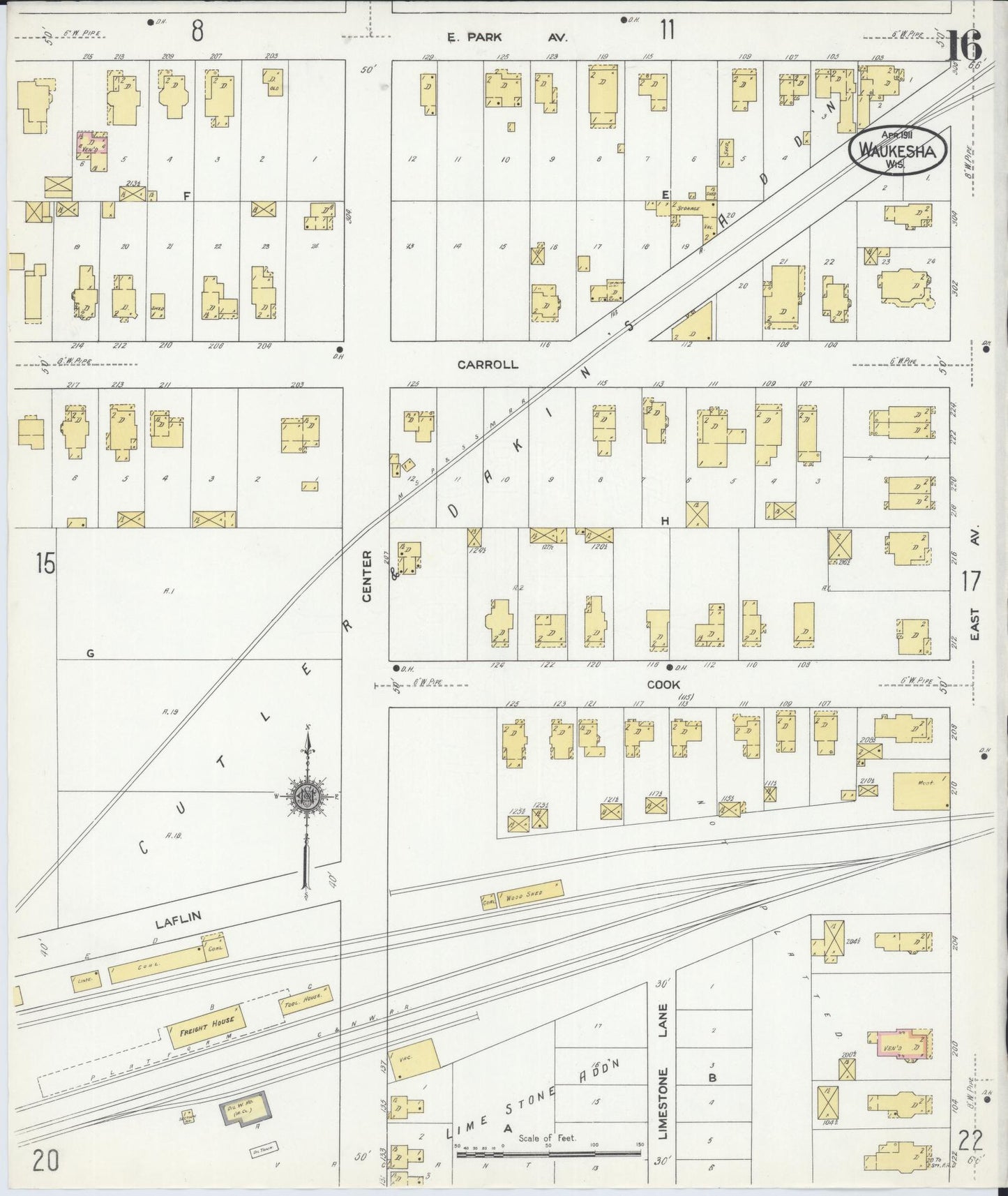 Sanborn Fire Insurance Map from Waukesha, Waukesha County, Wisconsin (1911), Sheet #0016 - Historic Sanborn Fire Insurance Map Print, vintage old map wall art, antique decor, genealogy gift, Wisconsin Wisconsin map