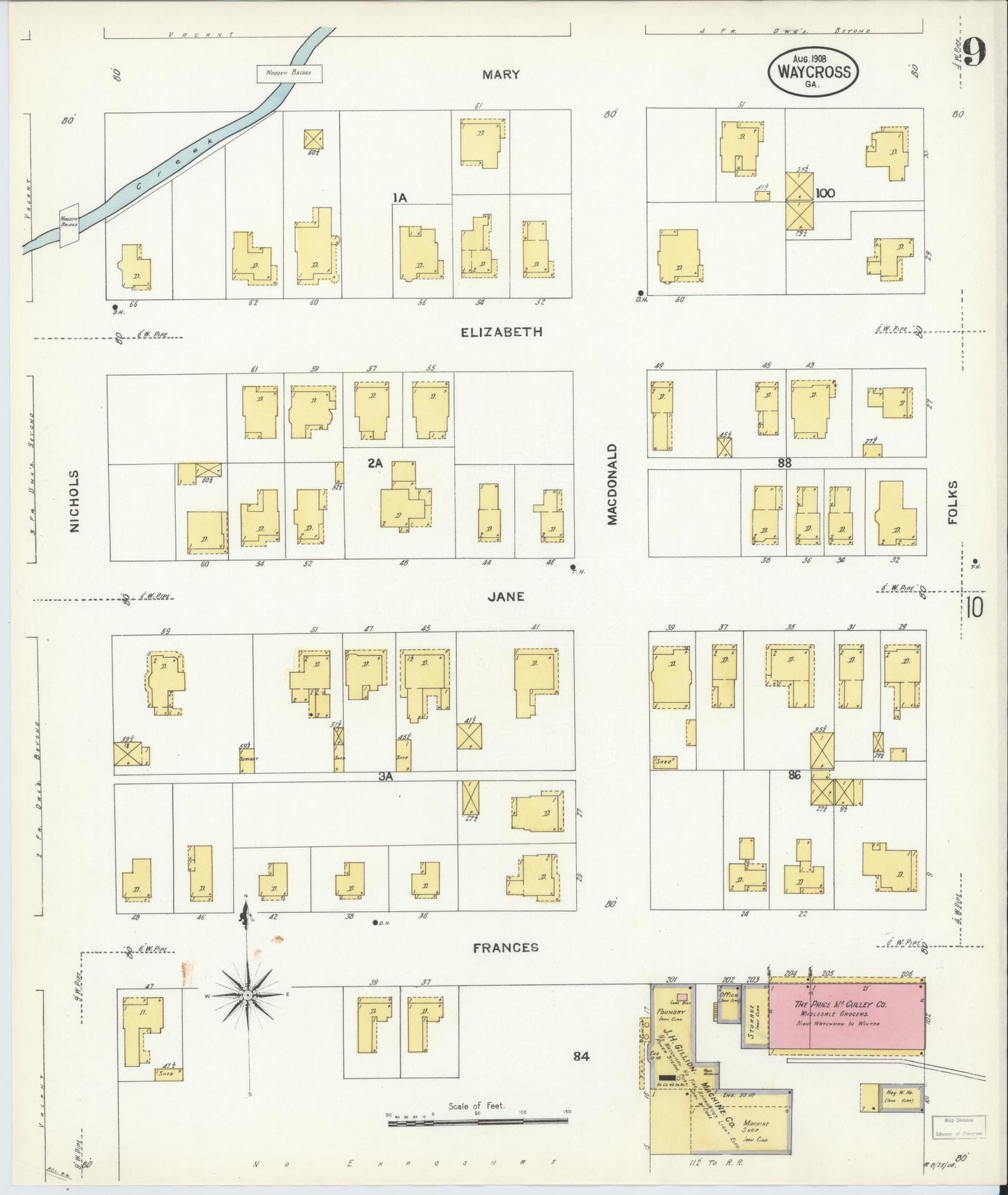 Sanborn Fire Insurance Map from Waycross, Ware County, Georgia (1908), Sheet #0009 - Historic Sanborn Fire Insurance Map Print, vintage old map wall art, antique decor, genealogy gift, Georgia Georgia map