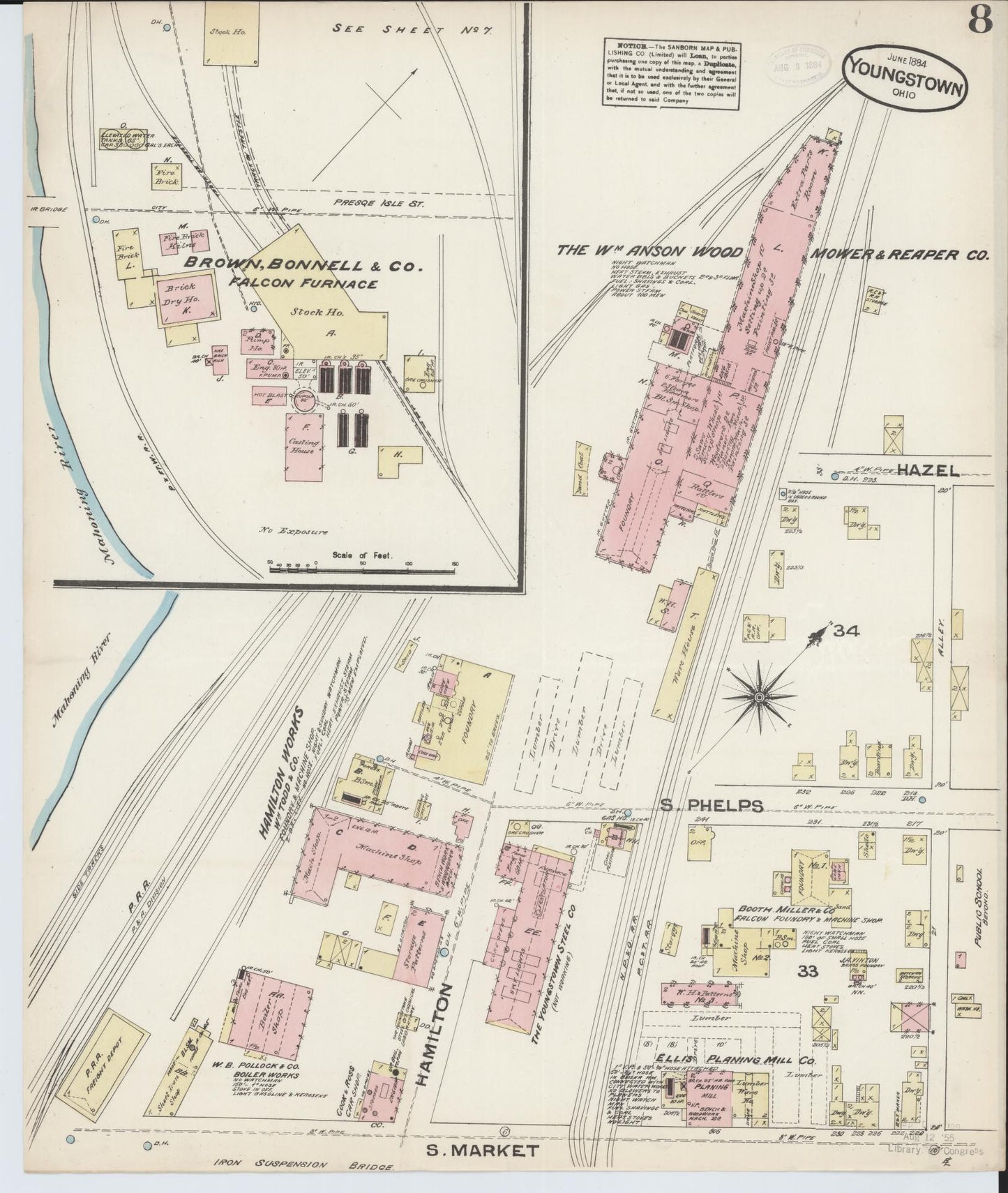 Sanborn Fire Insurance Map from Youngstown, Mahoning County, Ohio (1884), Sheet #0008 - Historic Sanborn Fire Insurance Map Print, vintage old map wall art, antique decor, genealogy gift, Ohio Ohio map