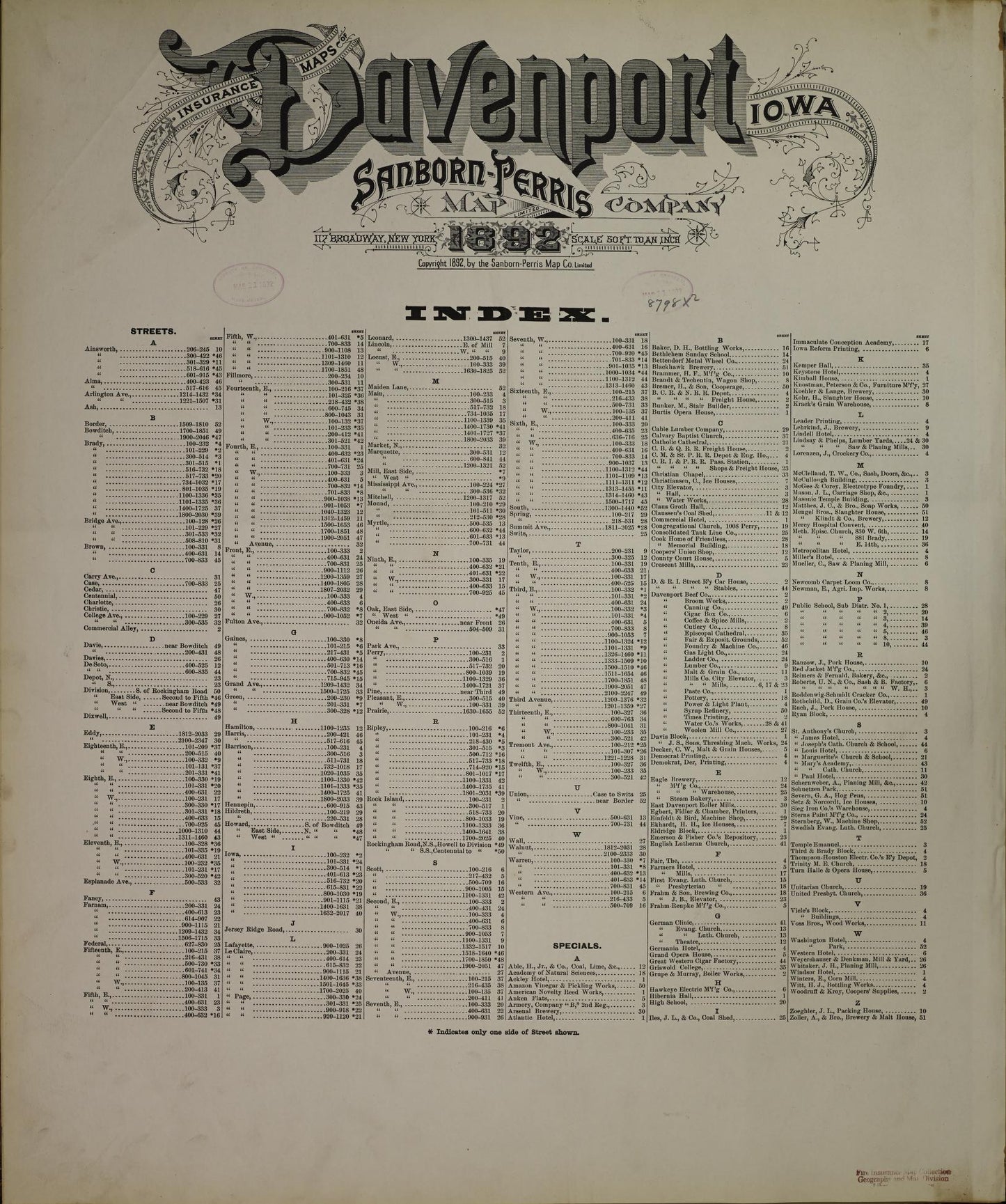 Sanborn Fire Insurance Map from Davenport, Scott County, Iowa (1892), Sheet #0001 - Historic Sanborn Fire Insurance Map Print, vintage old map wall art