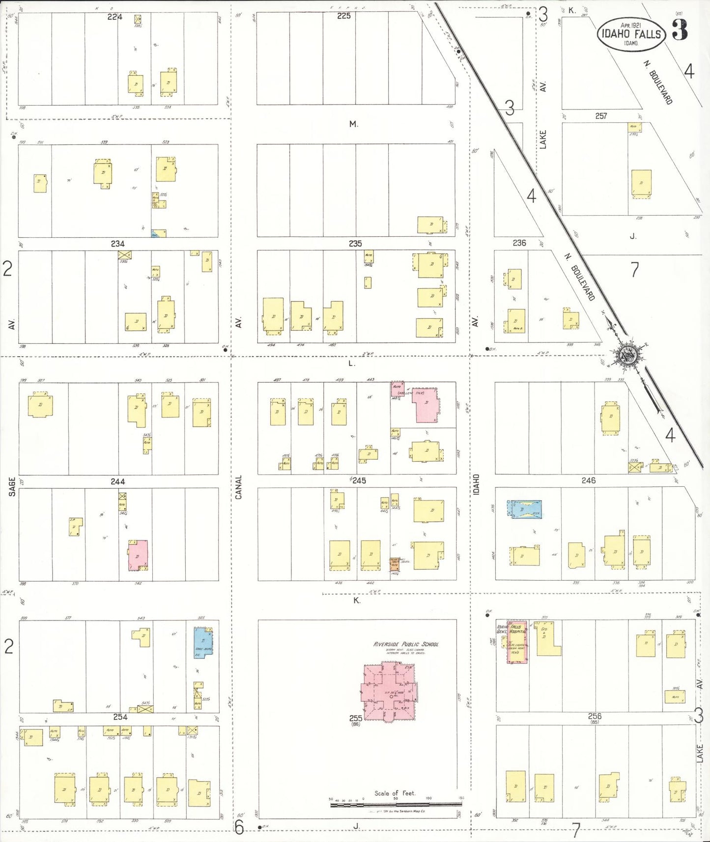 Sanborn Fire Insurance Map from Idaho Falls, Bonneville County, Idaho (1921), Sheet #0003 - Historic Sanborn Fire Insurance Map Print, vintage old map wall art, antique decor, genealogy gift, Idaho Idaho map