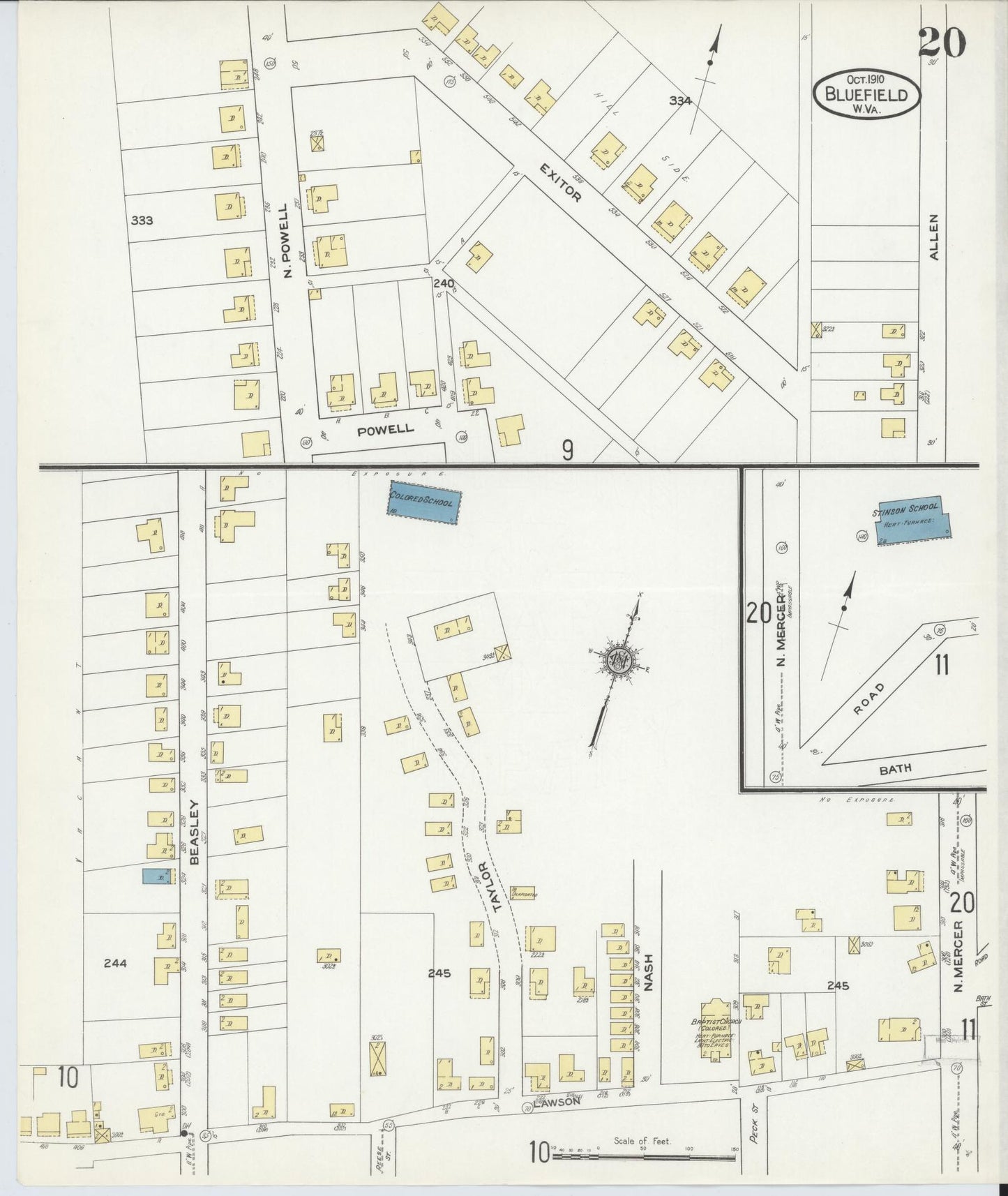 Sanborn Fire Insurance Map from Bluefield, Mercer County, West Virginia (1910), Sheet #0020 - Complete Map Set gallery image, historic Sanborn map, vintage wall art, West Virginia West Virginia
