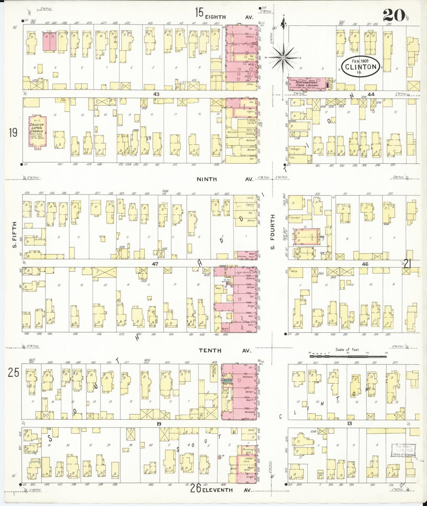 Sanborn Fire Insurance Map from Clinton, Clinton County, Iowa (1909), Sheet #0020 - Historic Sanborn Fire Insurance Map Print, vintage old map wall art