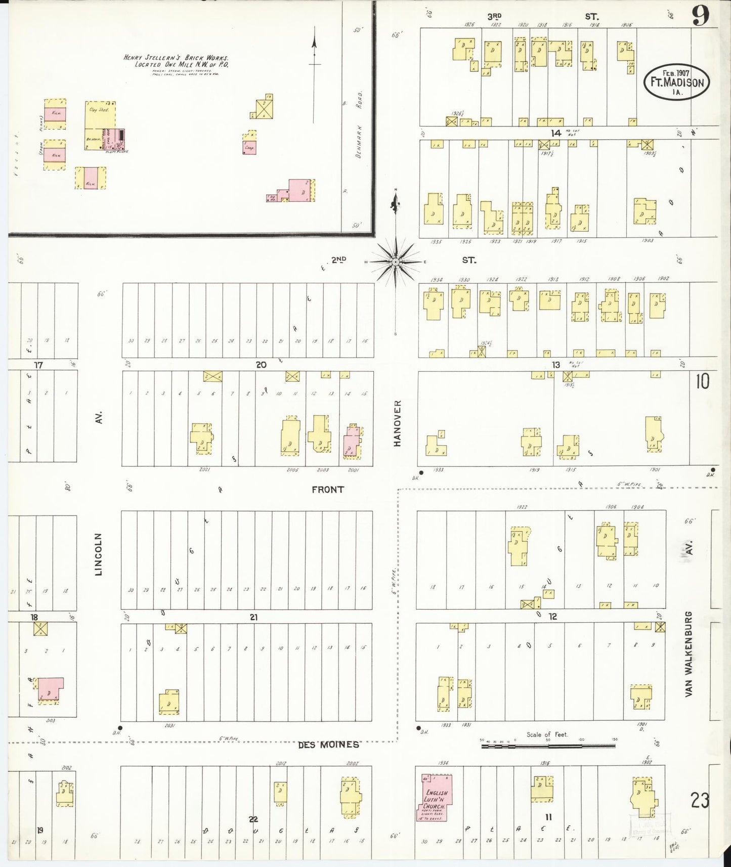 Sanborn Fire Insurance Map from Fort Madison, Lee County, Iowa (1907), Sheet #0009 - Historic Sanborn Fire Insurance Map Print, vintage old map wall art