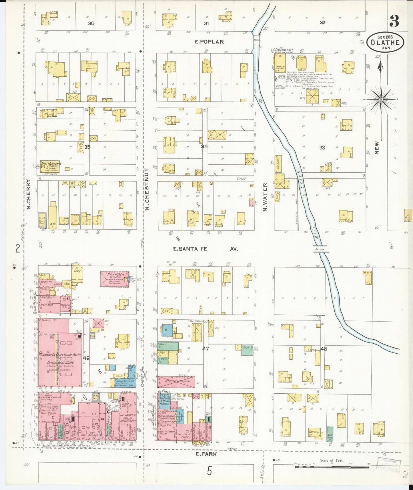 Sanborn Fire Insurance Map from Olathe, Johnson County, Kansas (1905), Sheet #0003 - Historic Sanborn Fire Insurance Map Print, vintage old map wall art, antique decor, genealogy gift, Kansas Kansas map