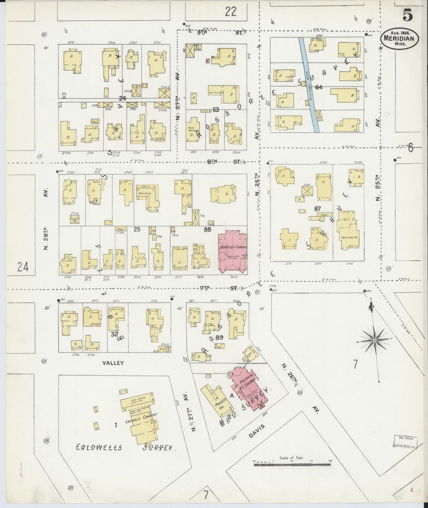 Sanborn Fire Insurance Map from Meridian, Lauderdale County, Mississippi (1906), Sheet #0005 - Historic Sanborn Fire Insurance Map Print, vintage old map wall art, antique decor, genealogy gift, Mississippi Mississippi map