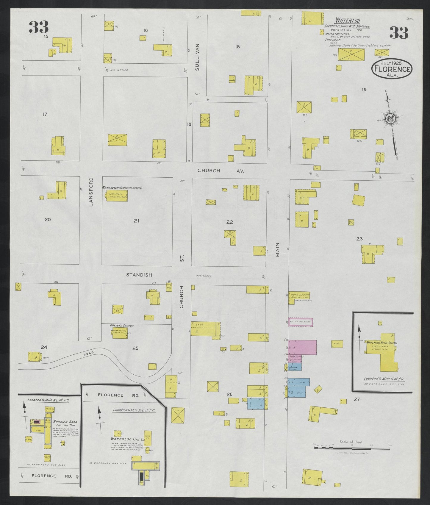 Sanborn Fire Insurance Map from Florence, Lauderdale County, Alabama (1928), Sheet #0033 - Historic Sanborn Fire Insurance Map Print, vintage old map wall art, antique decor, genealogy gift, Alabama Alabama map