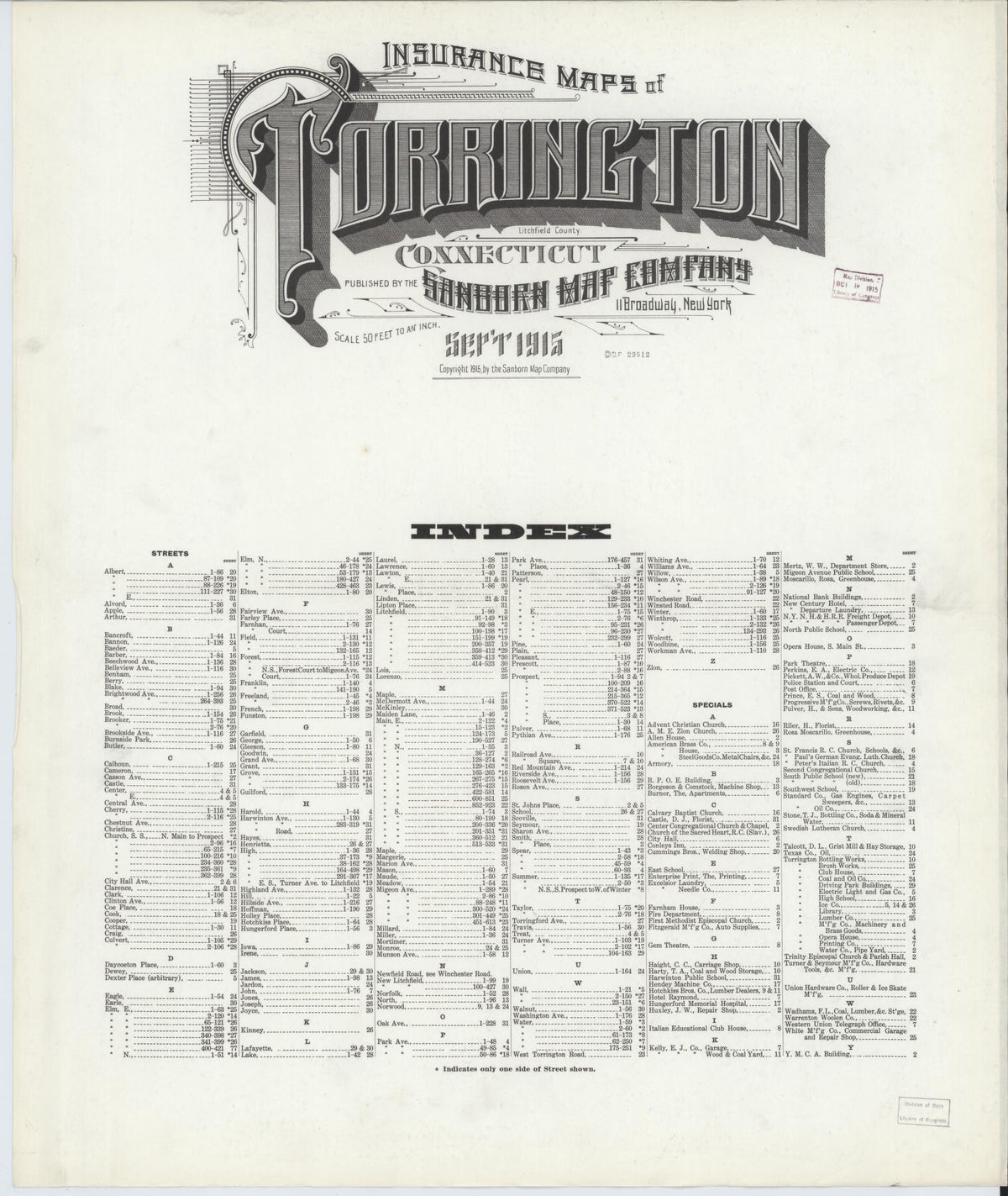 Sanborn Fire Insurance Map from Torrington, Litchfield County, Connecticut (1915), Sheet #0001 - Historic Sanborn Fire Insurance Map Print, vintage old map wall art, antique decor, genealogy gift, Connecticut Connecticut map